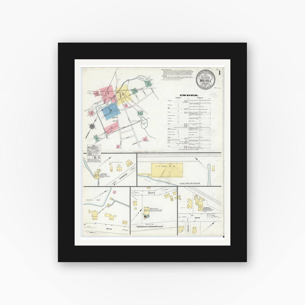 Old map wall art mockup — black gallery frame with white mat — Sanborn Fire Insurance Map from Walpole, Norfolk County, Massachusetts (1911) - Complete Map Set