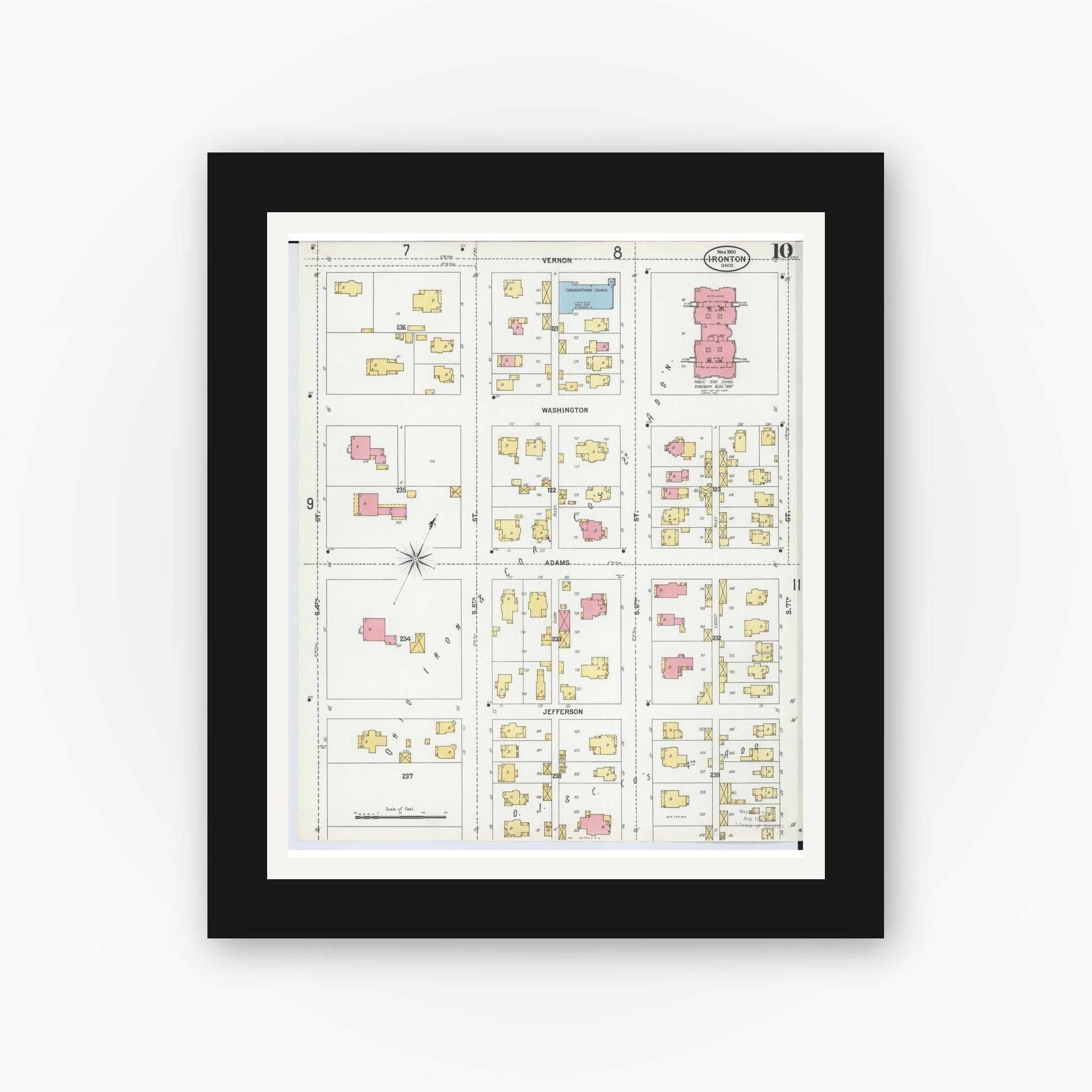 Old map wall art mockup — black gallery frame with white mat — Sanborn Fire Insurance Map from Ironton, Lawrence County, Ohio (1900), Sheet #0010