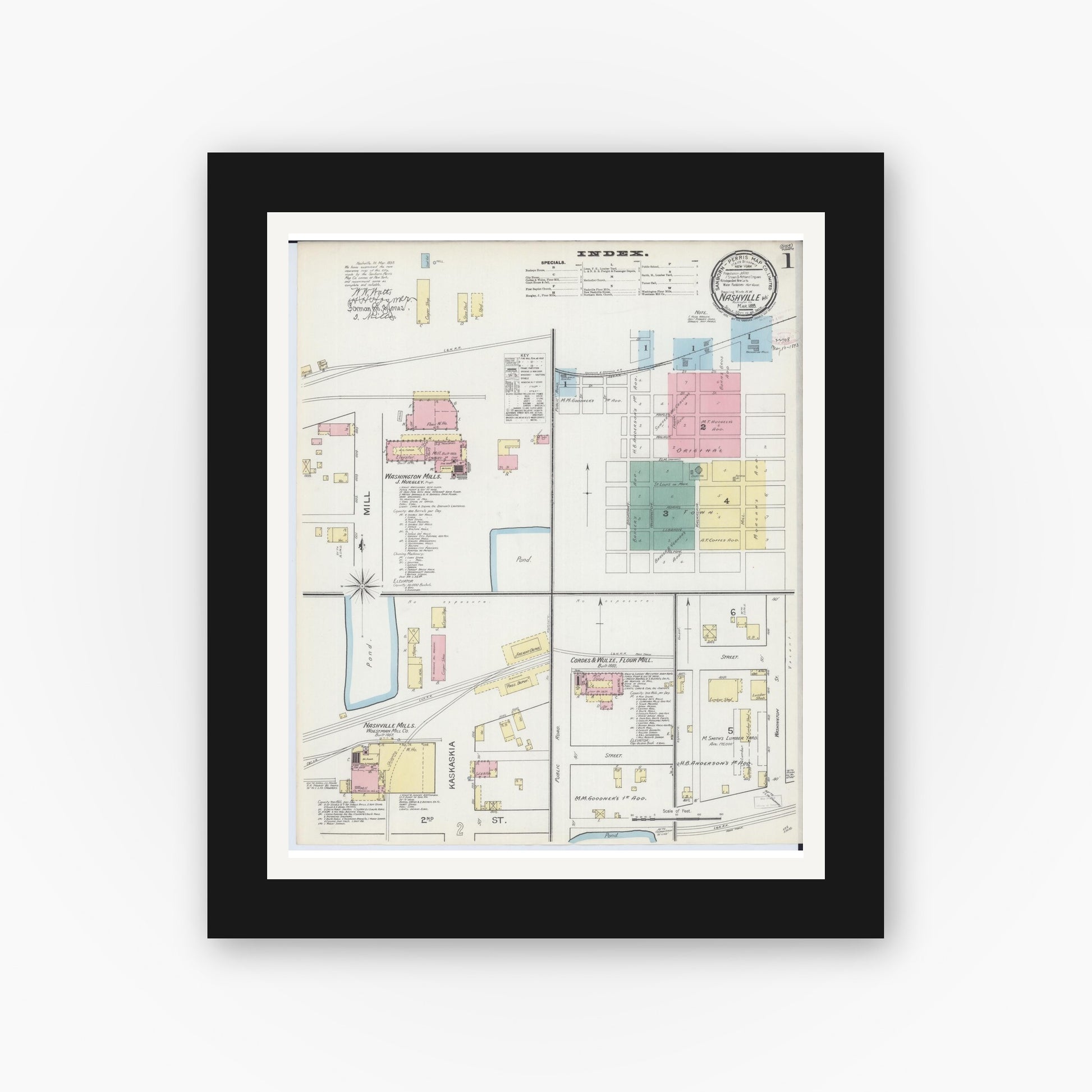 Old map wall art mockup — black gallery frame with white mat — Sanborn Fire Insurance Map from Nashville, Washington County, Illinois (1893) - Complete Map Set