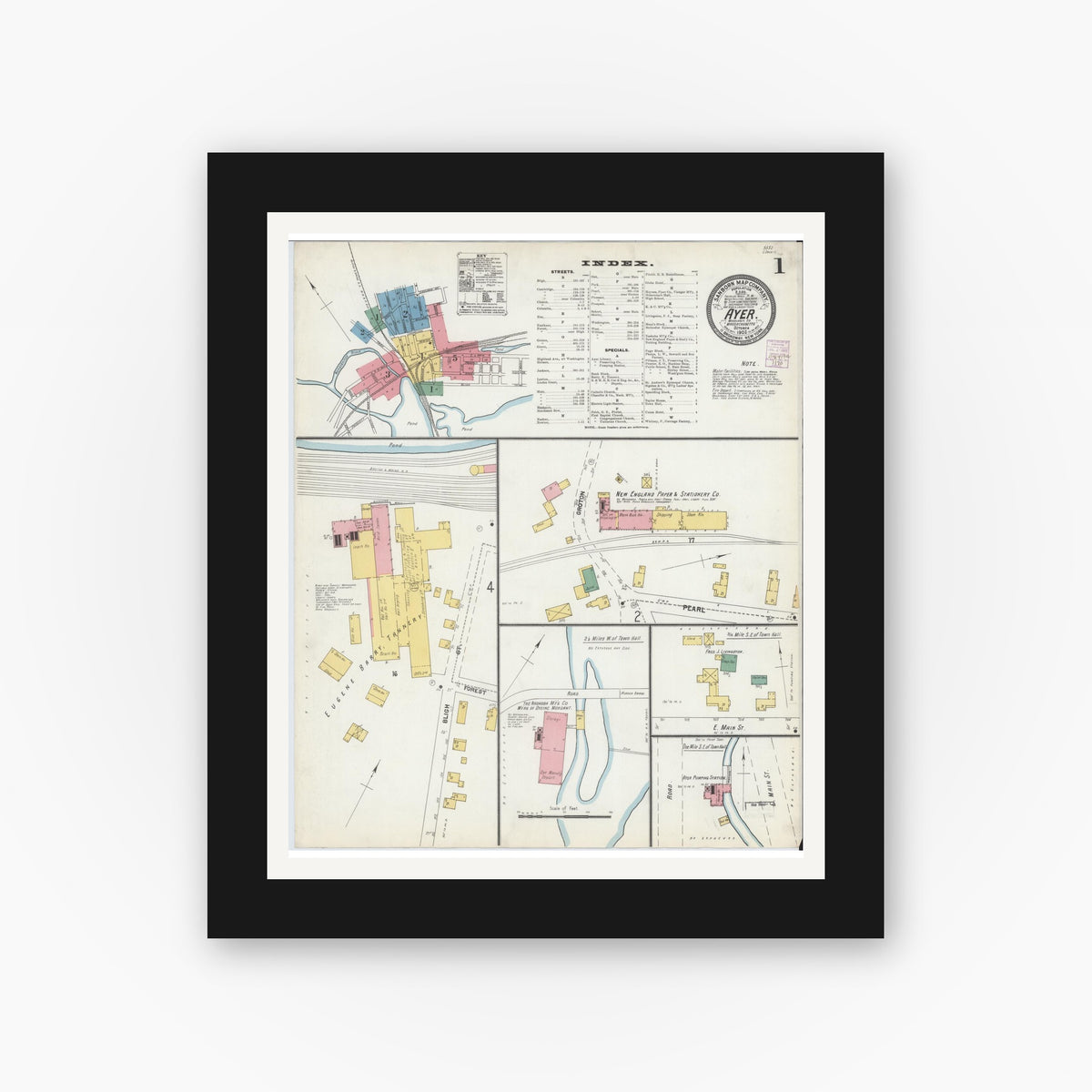 Old map wall art mockup — black gallery frame with white mat — Sanborn Fire Insurance Map from Ayer, Middlesex County, Massachusetts (1902), Sheet #0001