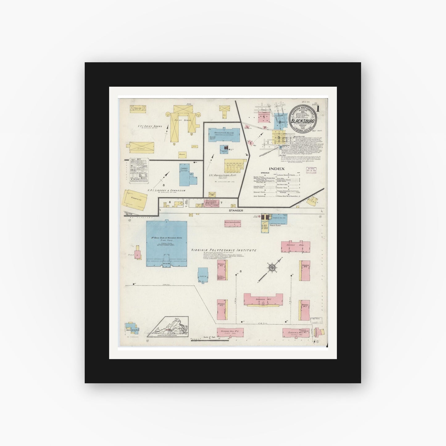 Old map wall art mockup — black gallery frame with white mat — Sanborn Fire Insurance Map from Blacksburg, Montgomery County, Virginia (1915), Sheet #0001