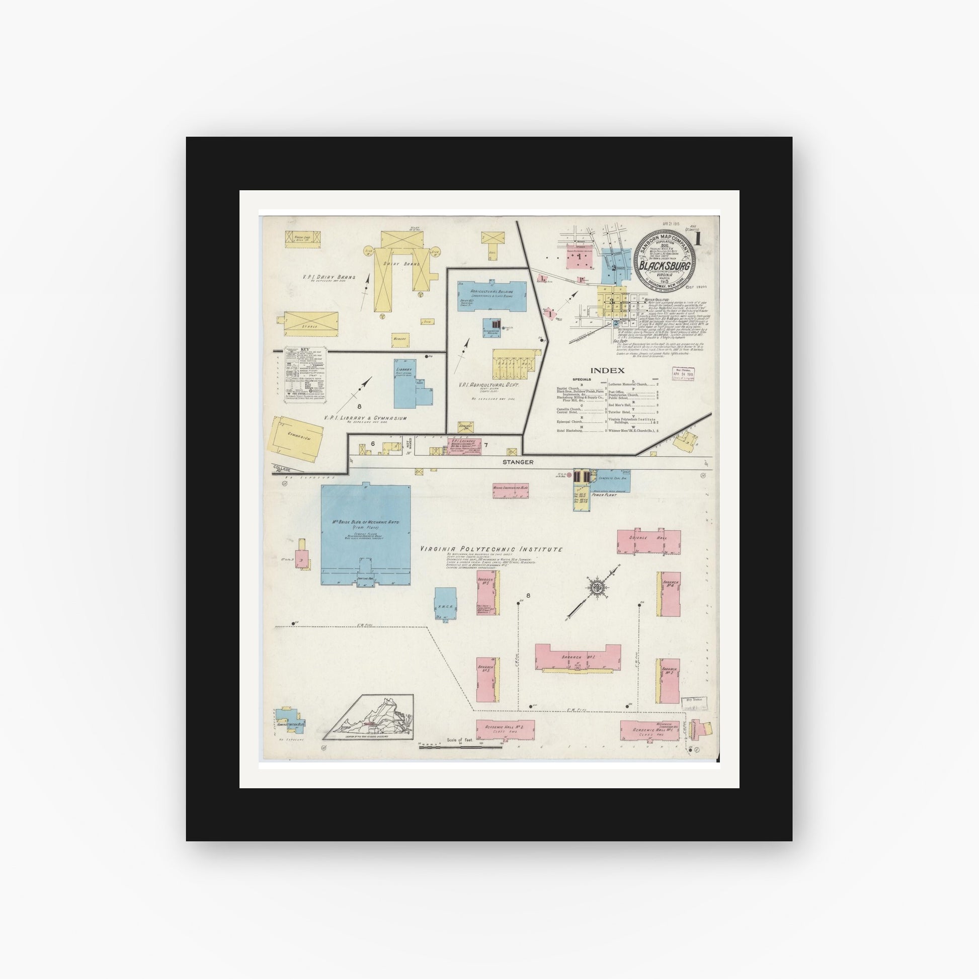 Old map wall art mockup — black gallery frame with white mat — Sanborn Fire Insurance Map from Blacksburg, Montgomery County, Virginia (1915), Sheet #0001