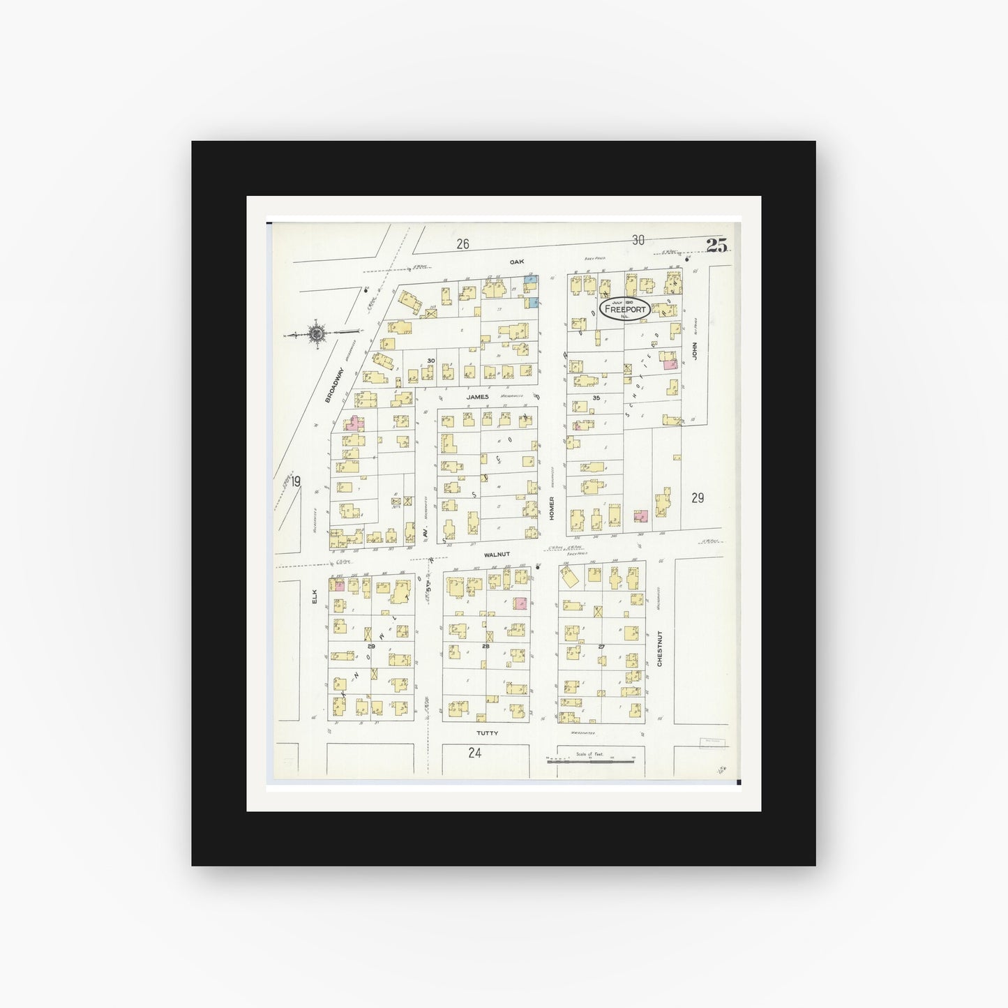 Old map wall art mockup — black gallery frame with white mat — Sanborn Fire Insurance Map from Freeport, Stephenson County, Illinois (1910), Sheet #0025