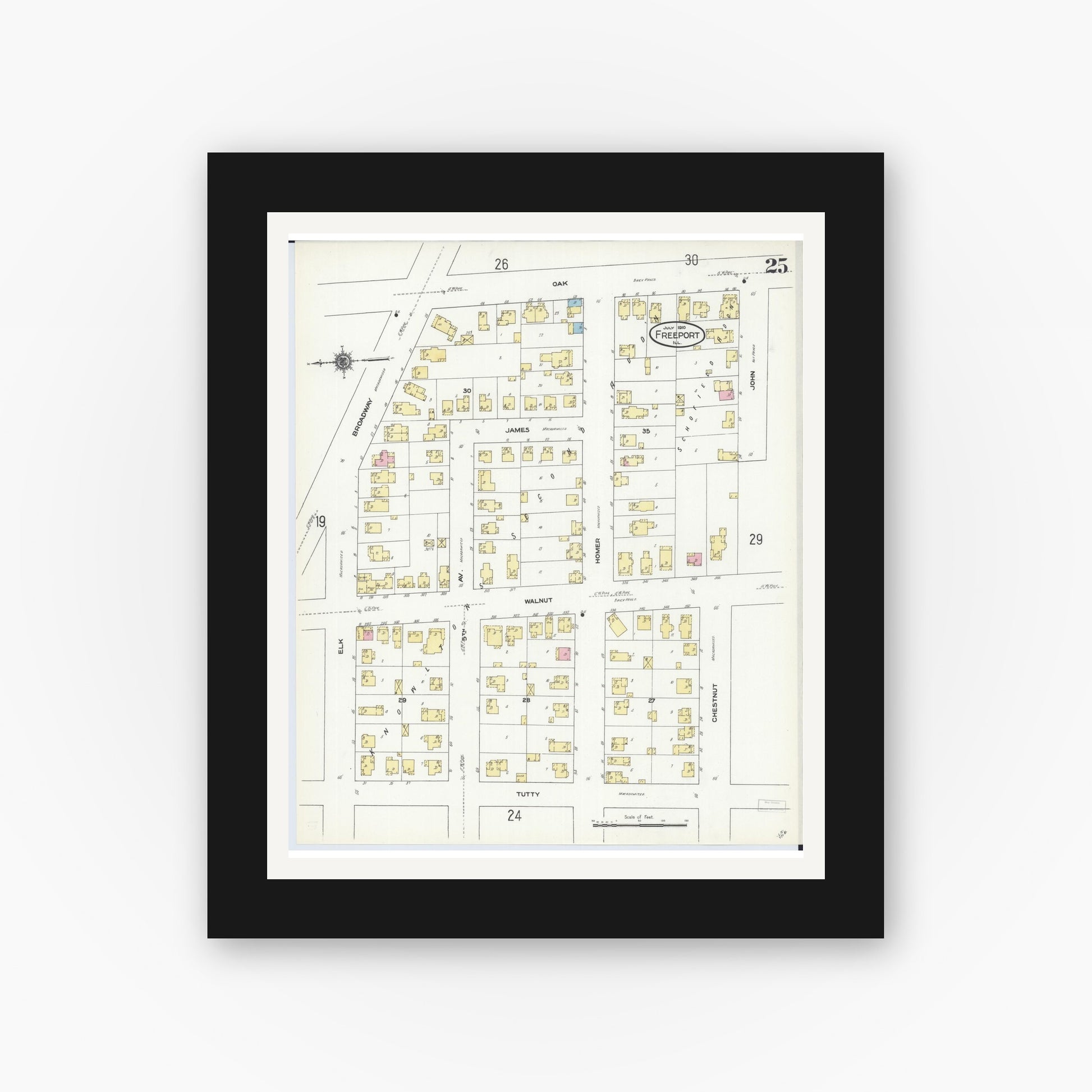 Old map wall art mockup — black gallery frame with white mat — Sanborn Fire Insurance Map from Freeport, Stephenson County, Illinois (1910), Sheet #0025