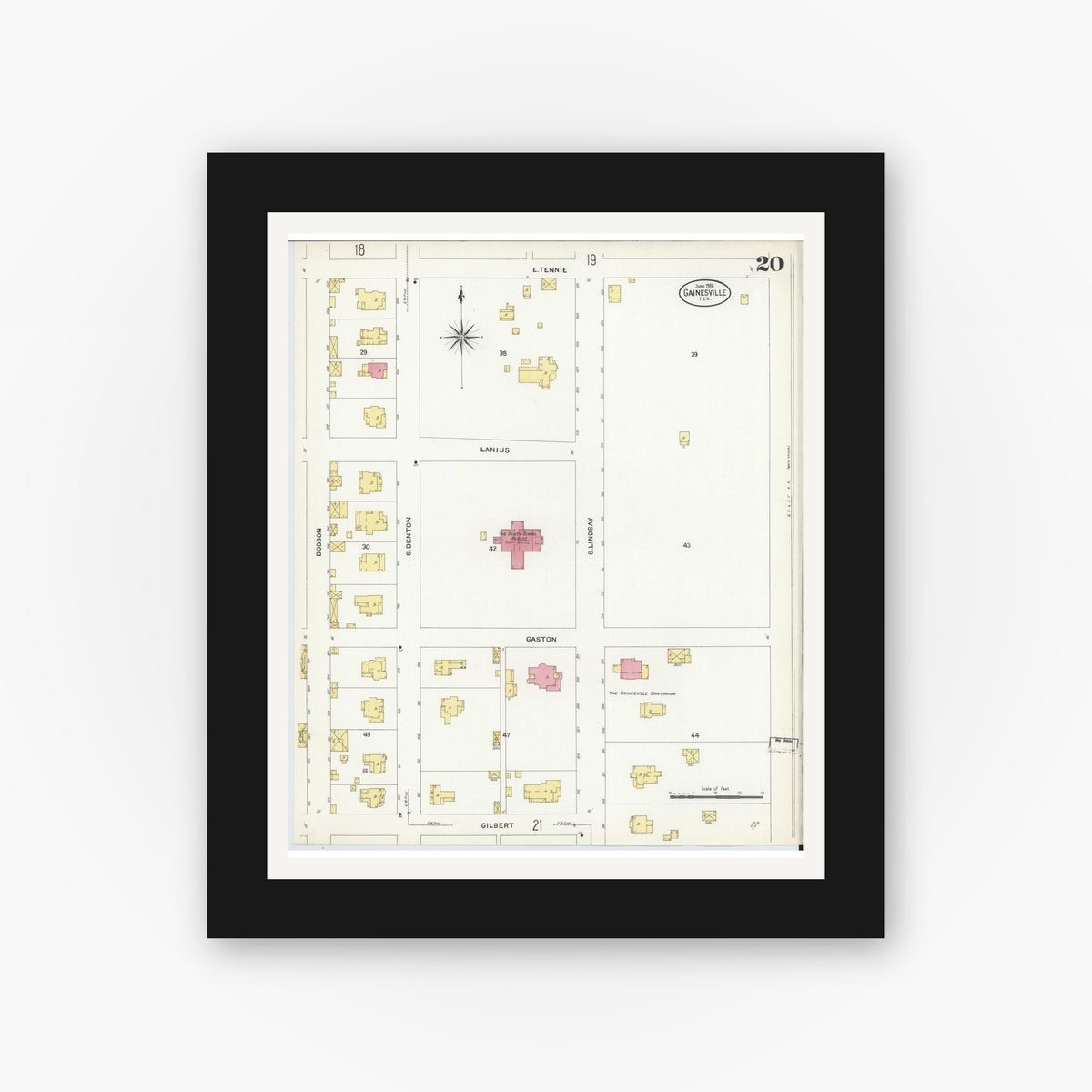 Old map wall art mockup — black gallery frame with white mat — Sanborn Fire Insurance Map from Gainesville, Cooke County, Texas (1908), Sheet #0020