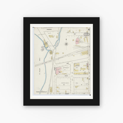 Old map wall art mockup — black gallery frame with white mat — Sanborn Fire Insurance Map from Niles, Berrien County, Michigan (1889), Sheet #0004