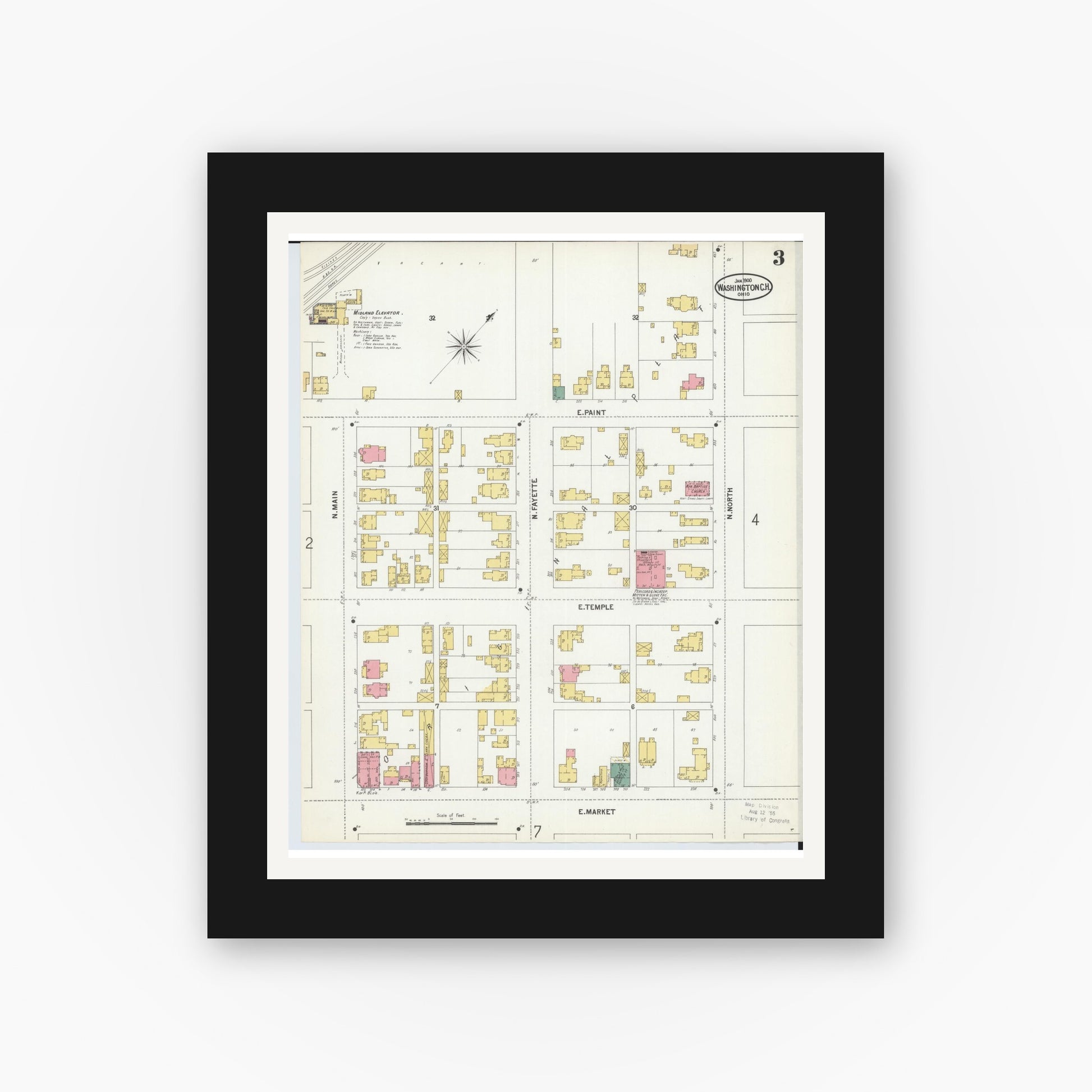 Old map wall art mockup — black gallery frame with white mat — Sanborn Fire Insurance Map from Washington Court House, Fayette County, Ohio (1900), Sheet #0003