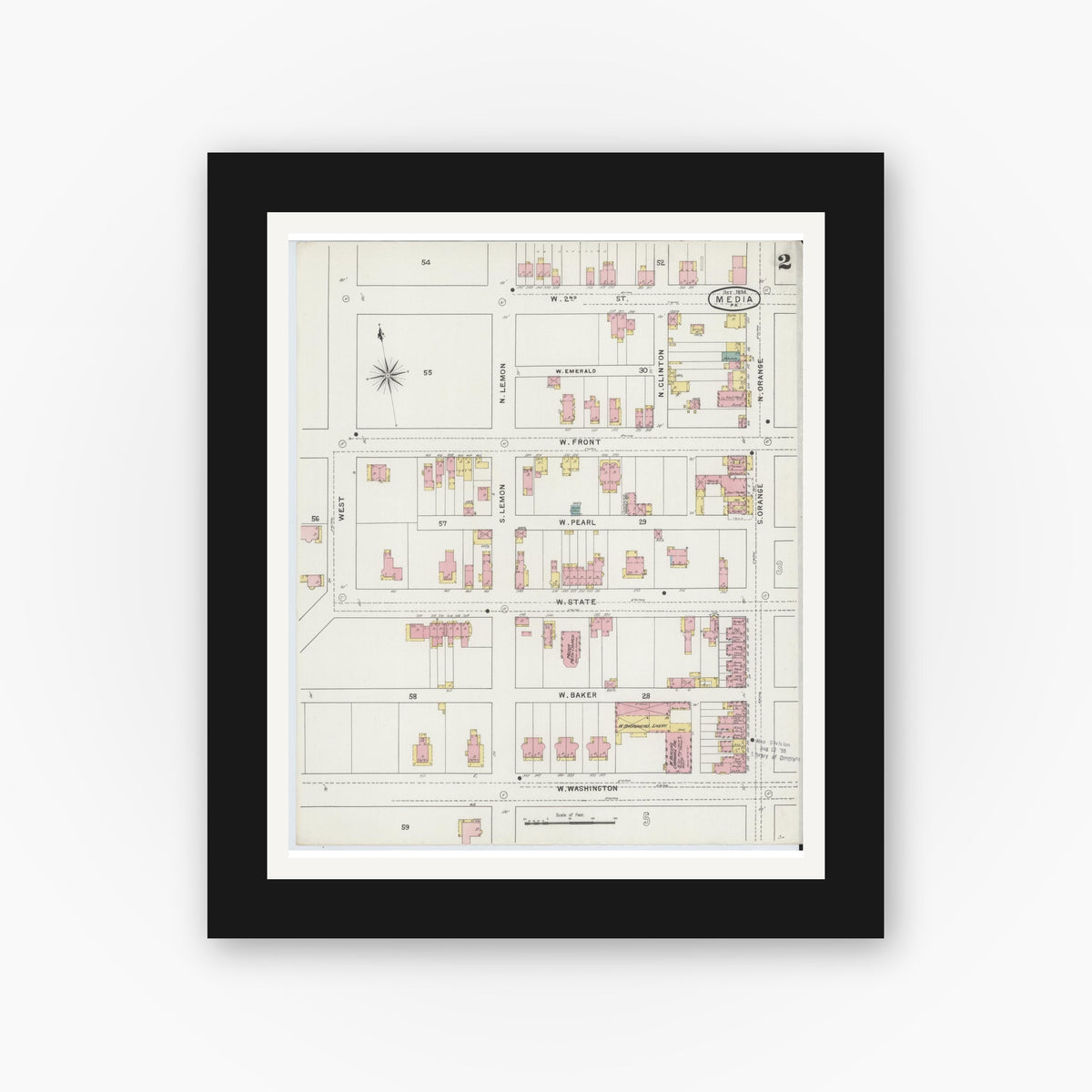 Old map wall art mockup — black gallery frame with white mat — Sanborn Fire Insurance Map from Media, Delaware County, Pennsylvania (1894), Sheet #0002