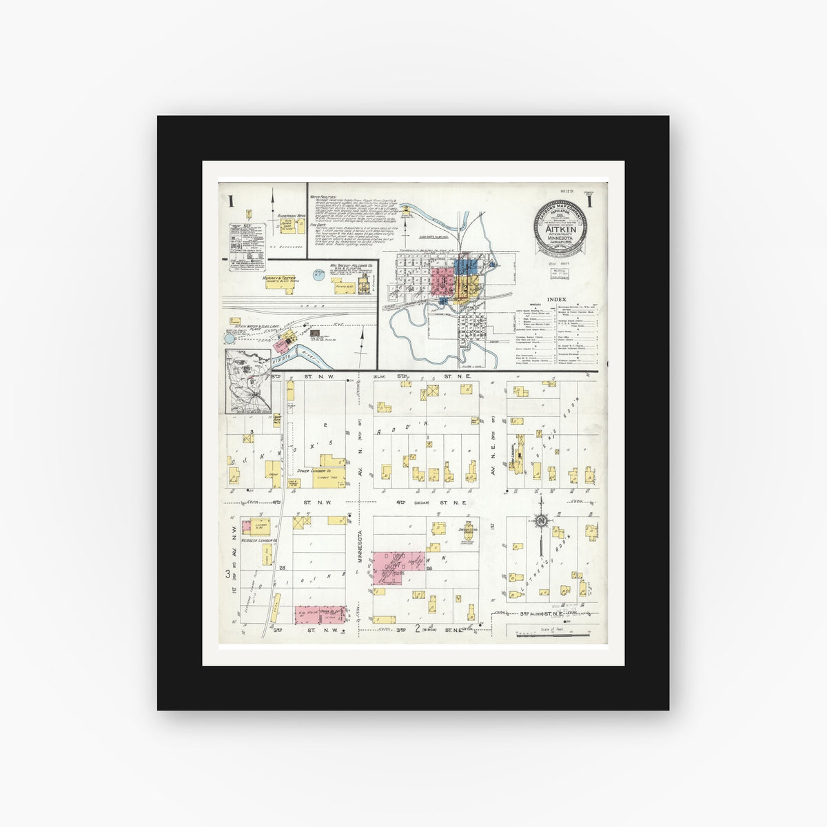 Old map wall art mockup — black gallery frame with white mat — Sanborn Fire Insurance Map from Aitkin, Aitkin County, Minnesota (1924) - Complete Map Set