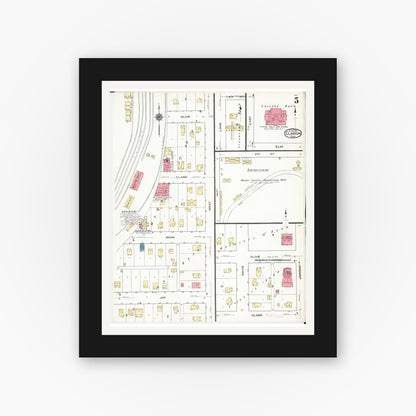 Old map wall art mockup — black gallery frame with white mat — Sanborn Fire Insurance Map from Clarion, Wright County, Iowa (1921), Sheet #0005