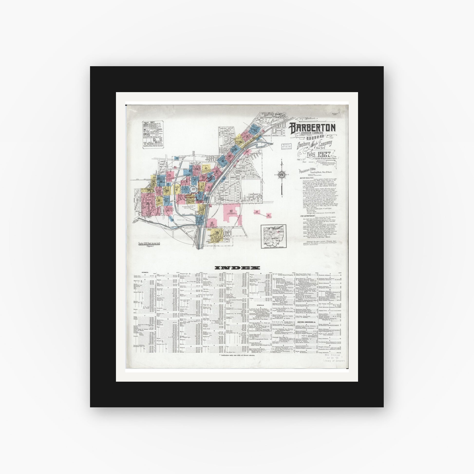 Old map wall art mockup — black gallery frame with white mat — Sanborn Fire Insurance Map from Barberton, Summit County, Ohio (1927), Sheet #0001
