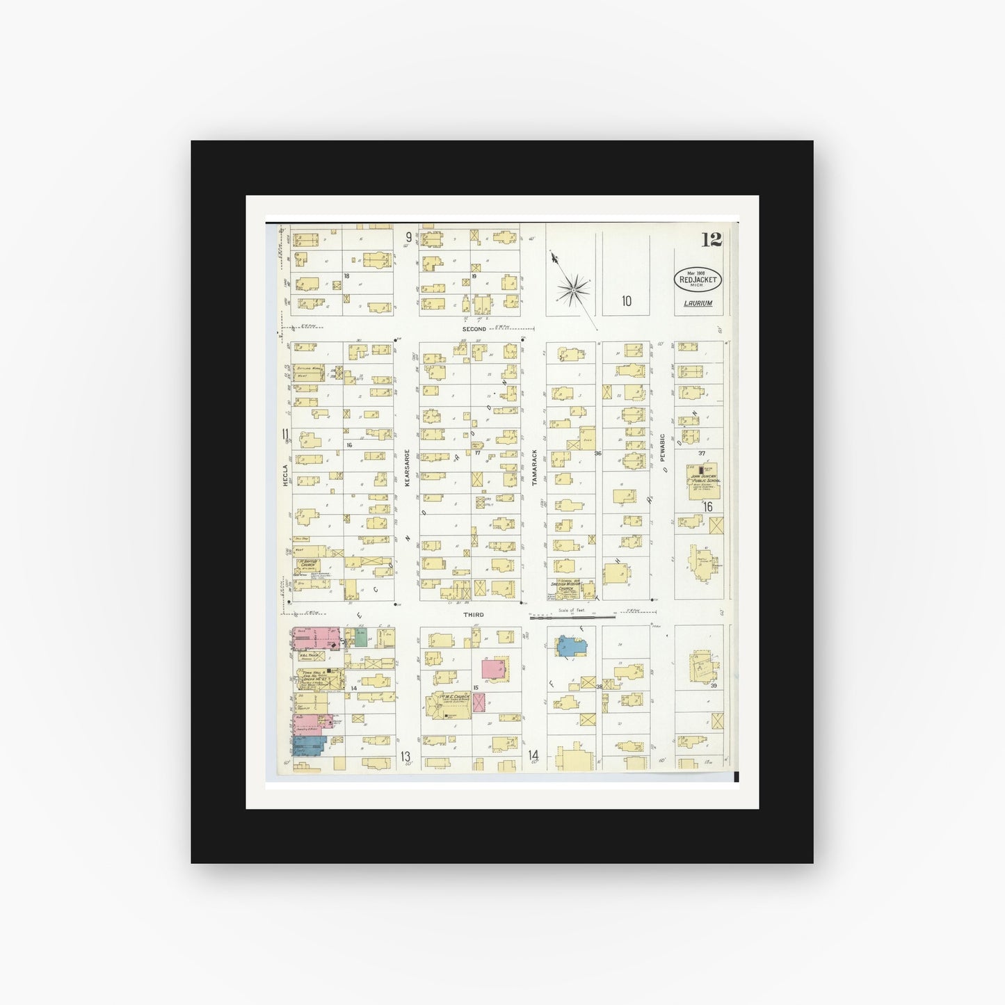 Old map wall art mockup — black gallery frame with white mat — Sanborn Fire Insurance Map from Red Jacket, Houghton County, Michigan (1908), Sheet #0012