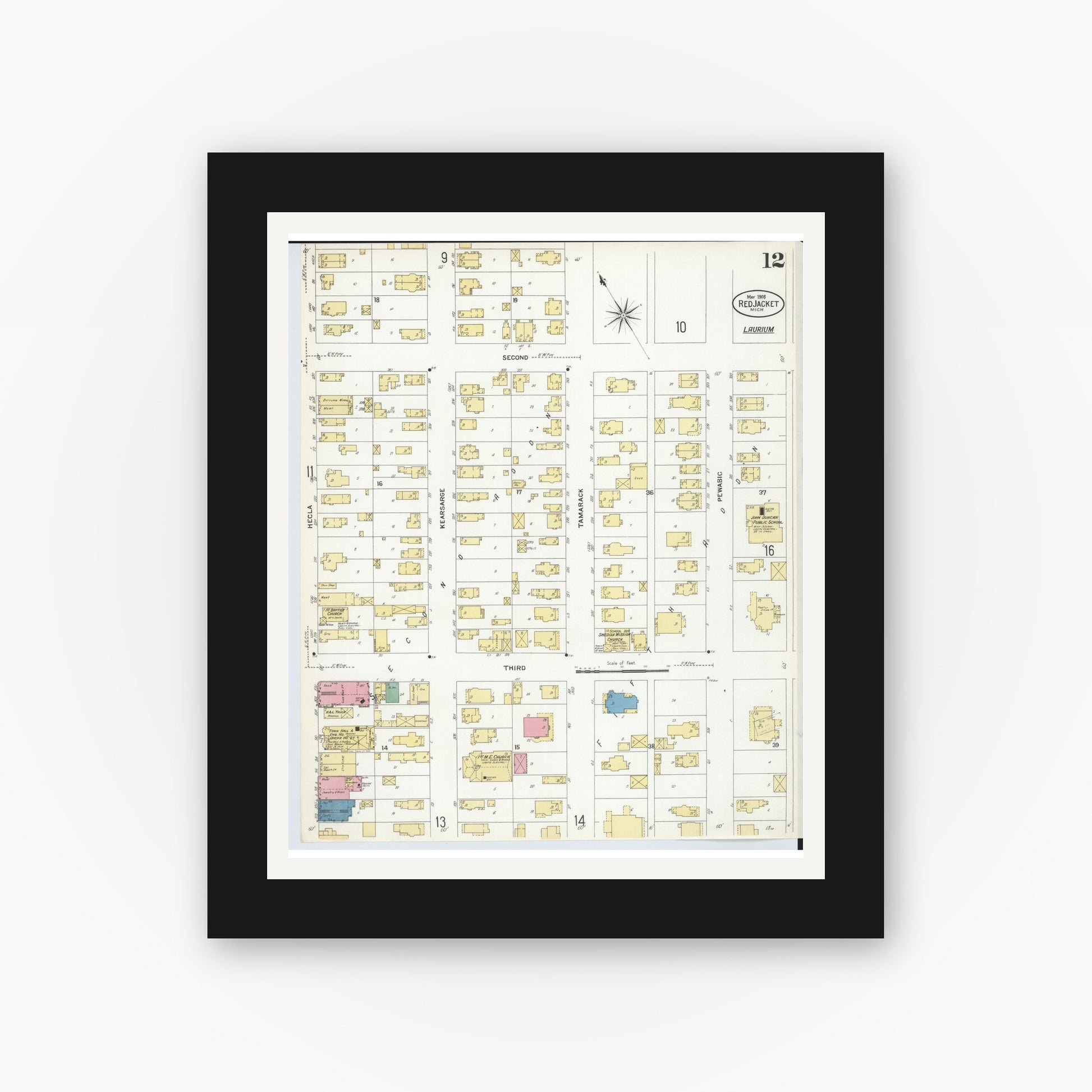 Old map wall art mockup — black gallery frame with white mat — Sanborn Fire Insurance Map from Red Jacket, Houghton County, Michigan (1908), Sheet #0012