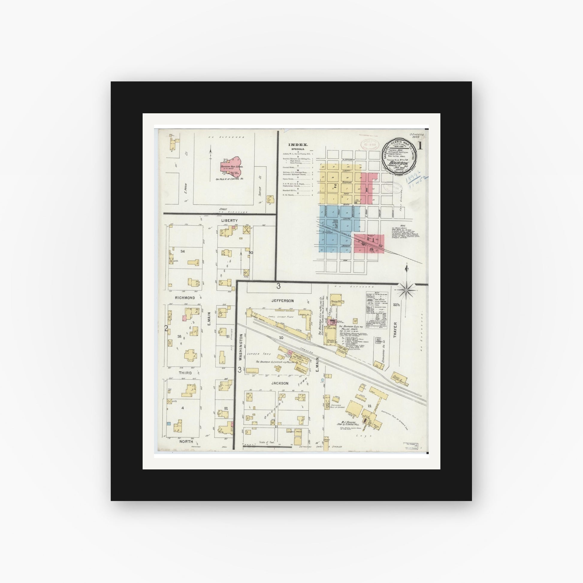 Old map wall art mockup — black gallery frame with white mat — Sanborn Fire Insurance Map from Bourbon, Marshall County, Indiana (1899) - Complete Map Set