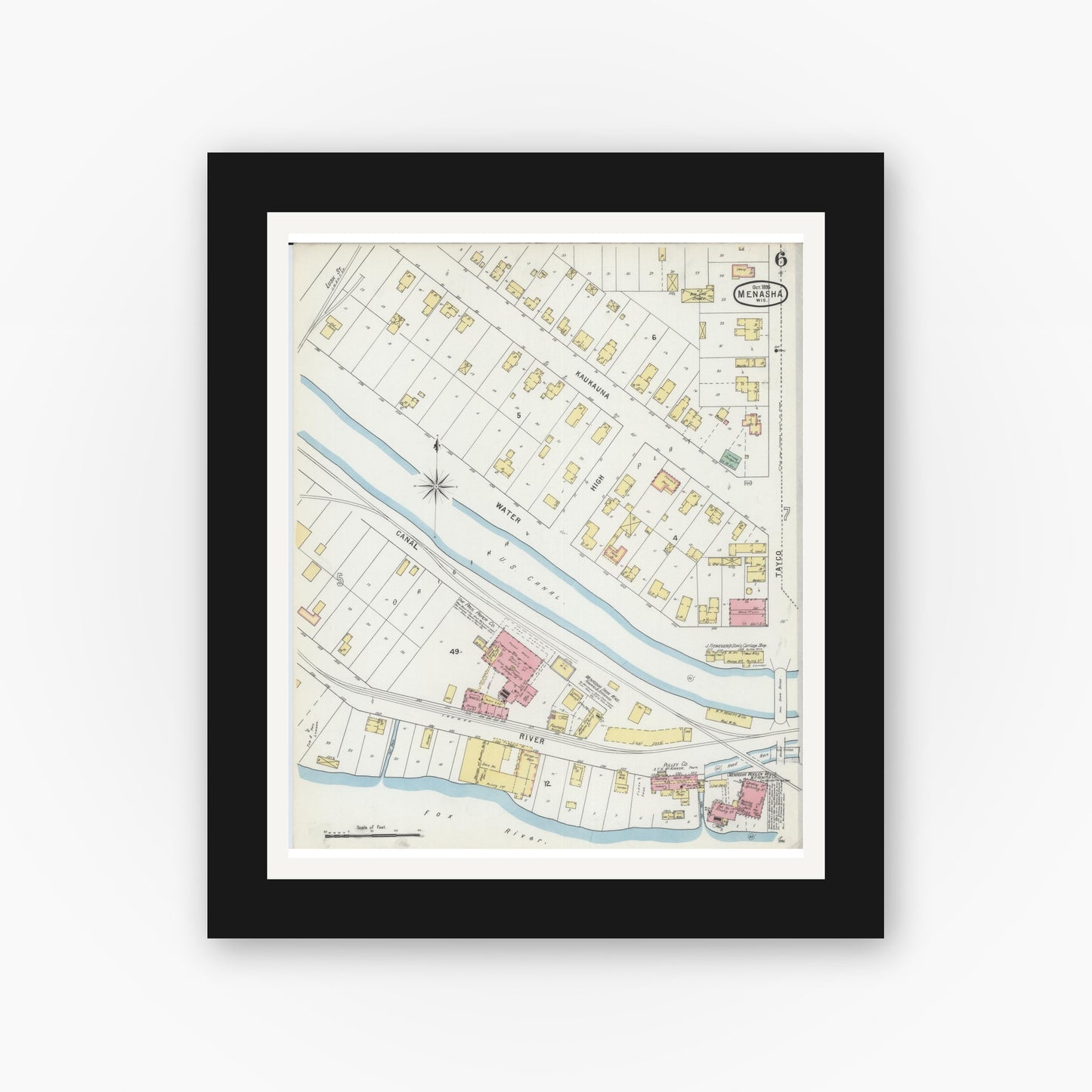 Old map wall art mockup — black gallery frame with white mat — Sanborn Fire Insurance Map from Menasha, Winnebago County, Wisconsin (1895), Sheet #0006