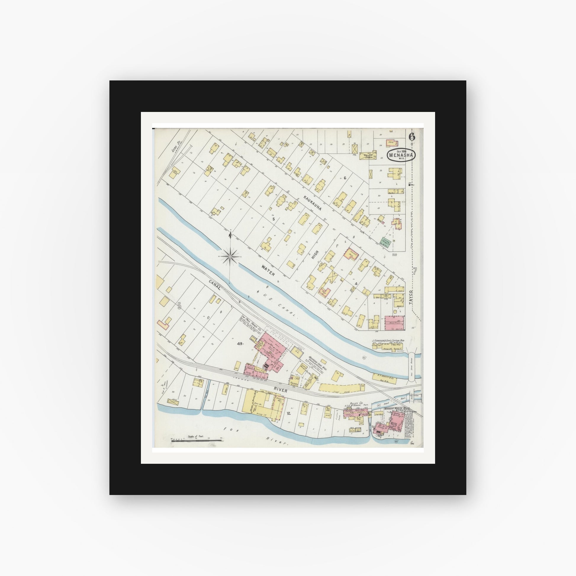 Old map wall art mockup — black gallery frame with white mat — Sanborn Fire Insurance Map from Menasha, Winnebago County, Wisconsin (1895), Sheet #0006