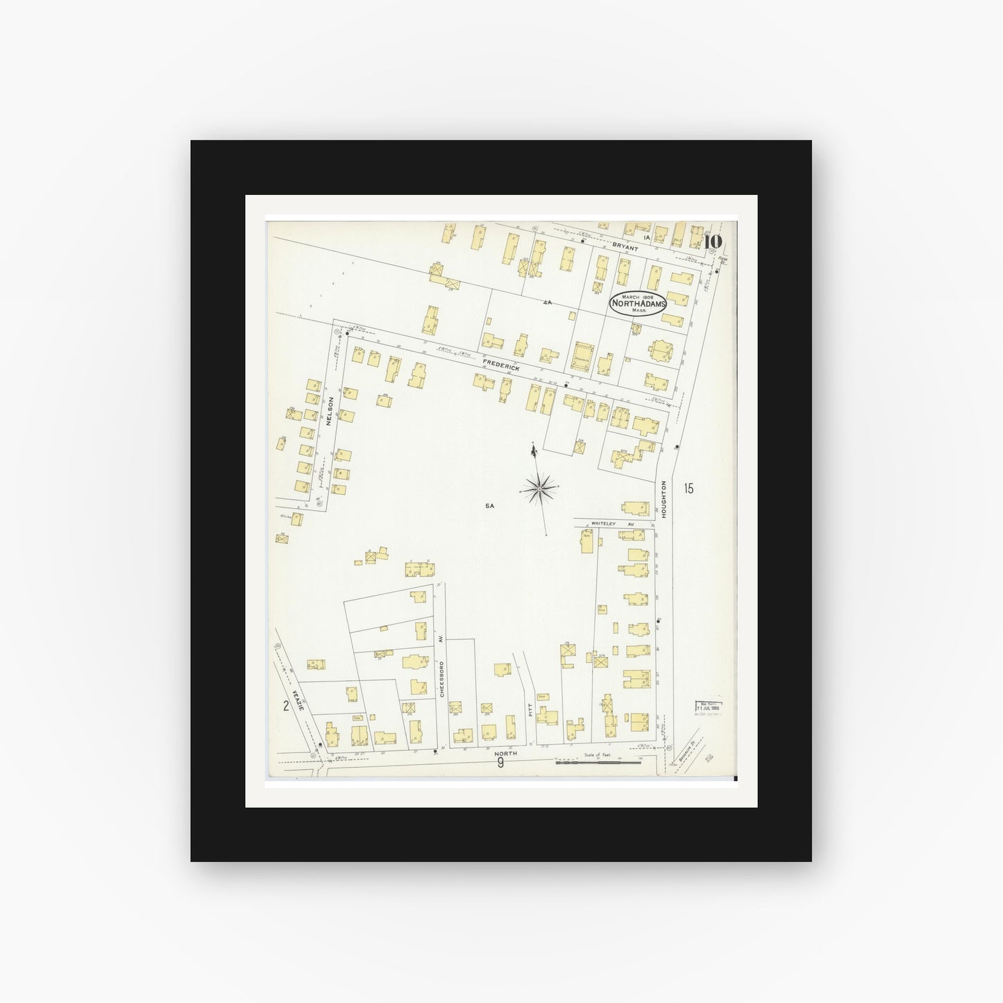 Old map wall art mockup — black gallery frame with white mat — Sanborn Fire Insurance Map from North Adams, Berkshire County, Massachusetts (1908), Sheet #0010