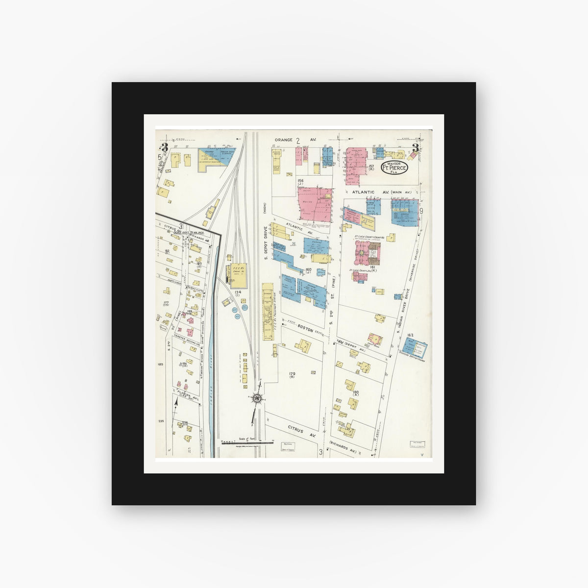 Old map wall art mockup — black gallery frame with white mat — Sanborn Fire Insurance Map from Fort Pierce, St Lucie County, Florida (1924), Sheet #0003