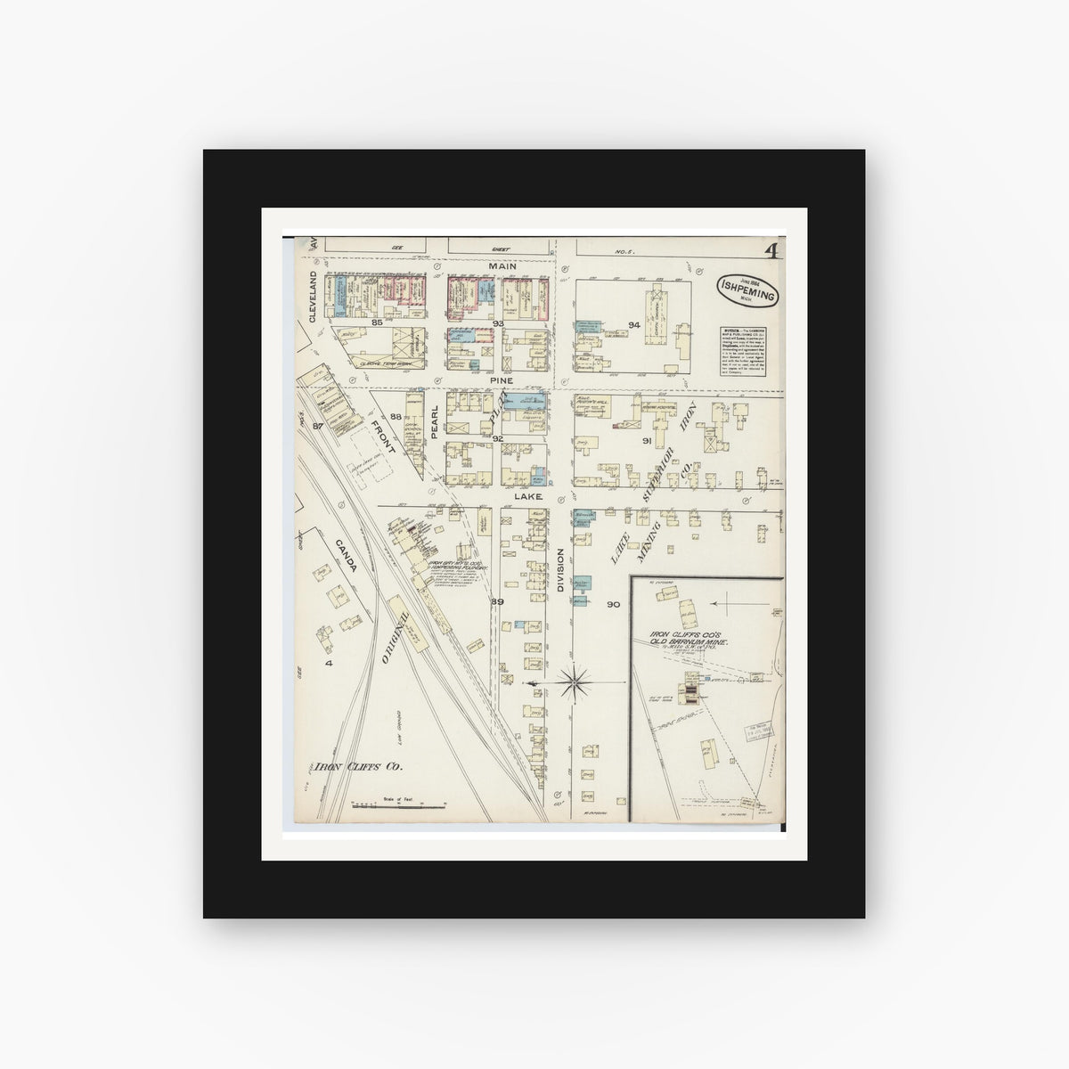 Old map wall art mockup — black gallery frame with white mat — Sanborn Fire Insurance Map from Ishpeming, Marquette County, Michigan (1884), Sheet #0004
