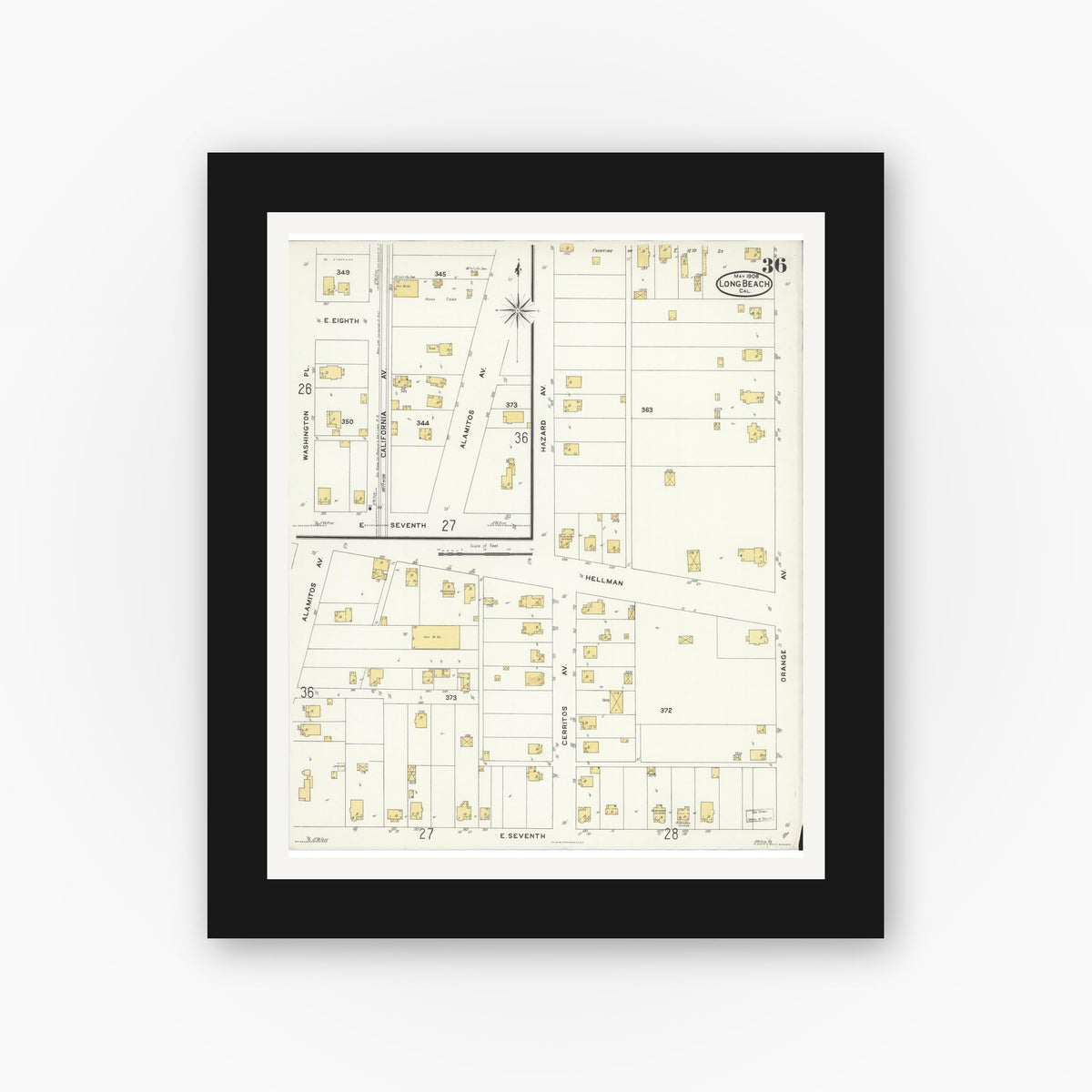Old map wall art mockup — black gallery frame with white mat — Sanborn Fire Insurance Map from Long Beach, Los Angeles County, California (1908), Sheet #0036
