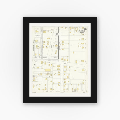 Old map wall art mockup — black gallery frame with white mat — Sanborn Fire Insurance Map from Long Beach, Los Angeles County, California (1908), Sheet #0036