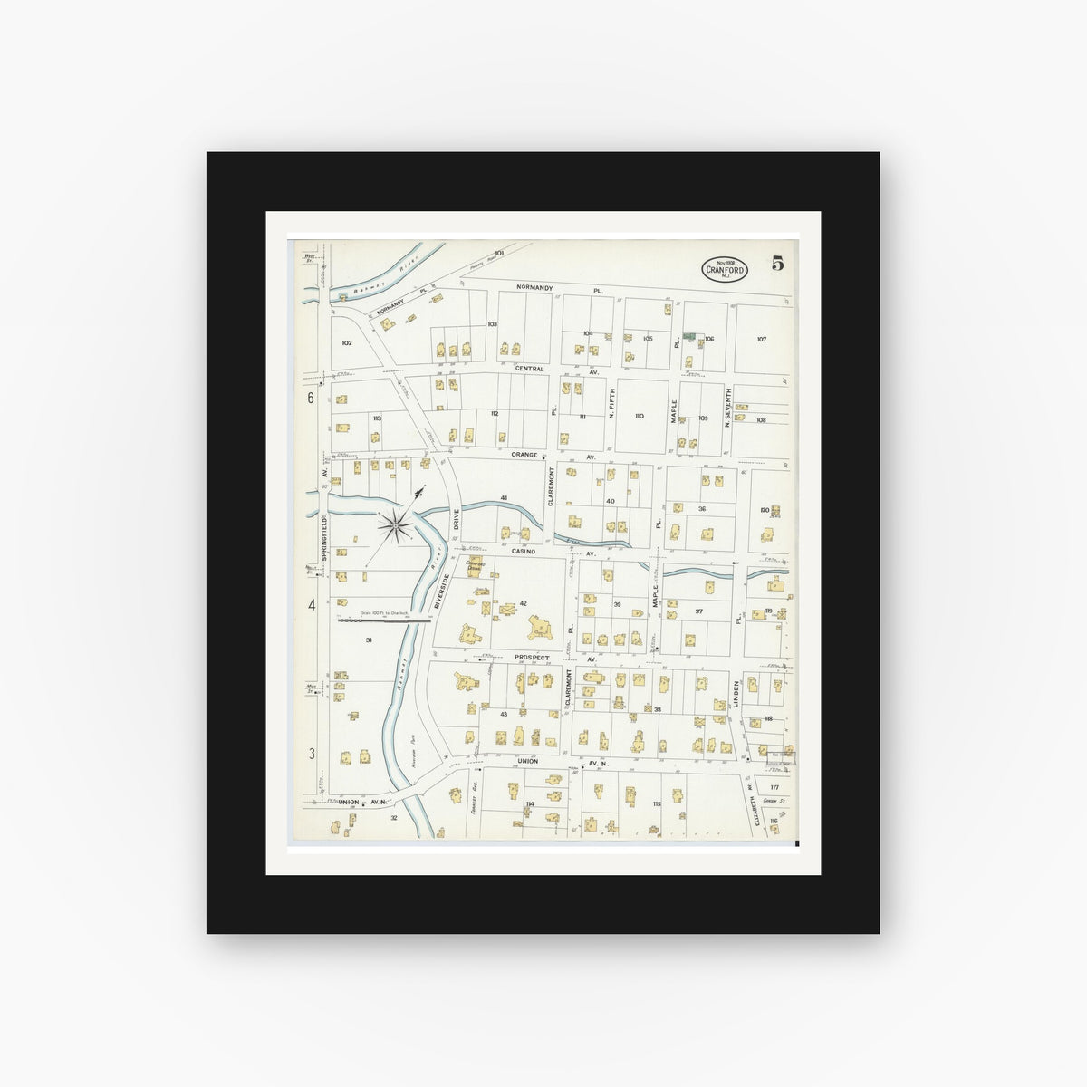 Old map wall art mockup — black gallery frame with white mat — Sanborn Fire Insurance Map from Cranford, Union County, New Jersey (1908), Sheet #0005