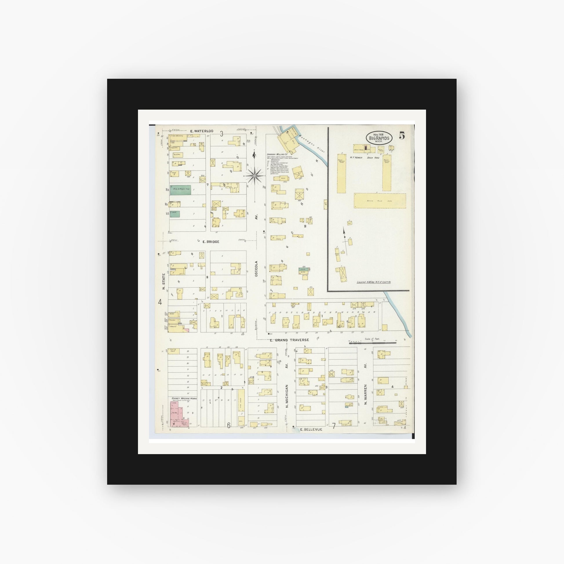 Old map wall art mockup — black gallery frame with white mat — Sanborn Fire Insurance Map from Big Rapids, Mecosta County, Michigan (1908), Sheet #0005