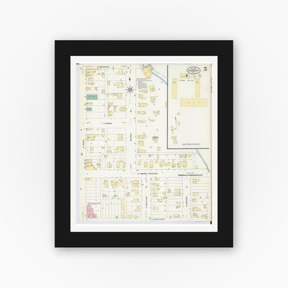 Old map wall art mockup — black gallery frame with white mat — Sanborn Fire Insurance Map from Big Rapids, Mecosta County, Michigan (1908), Sheet #0005
