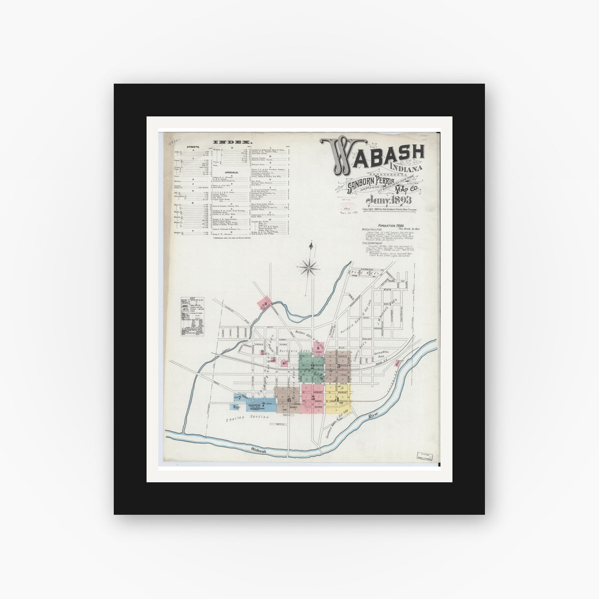Old map wall art mockup — black gallery frame with white mat — Sanborn Fire Insurance Map from Wabash, Wabash County, Indiana (1893) - Complete Map Set