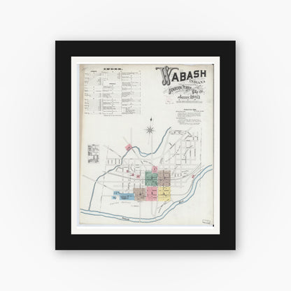 Old map wall art mockup — black gallery frame with white mat — Sanborn Fire Insurance Map from Wabash, Wabash County, Indiana (1893) - Complete Map Set