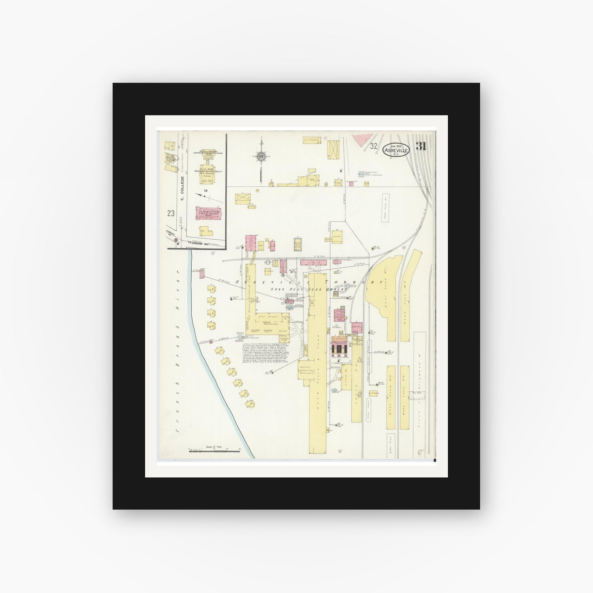Old map wall art mockup — black gallery frame with white mat — Sanborn Fire Insurance Map from Asheville, Buncombe County, North Carolina (1913), Sheet #0031
