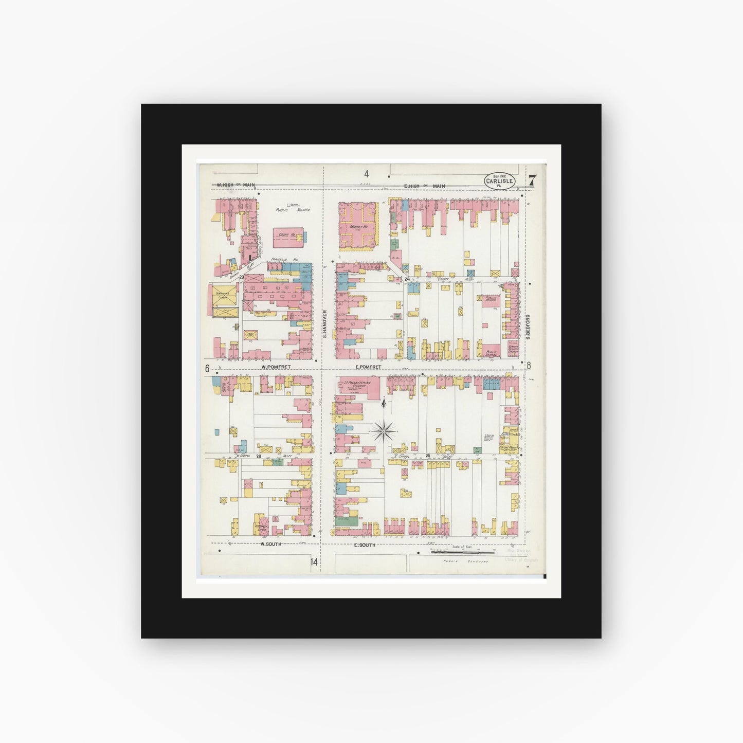 Old map wall art mockup — black gallery frame with white mat — Sanborn Fire Insurance Map from Carlisle, Cumberland County, Pennsylvania (1902), Sheet #0007