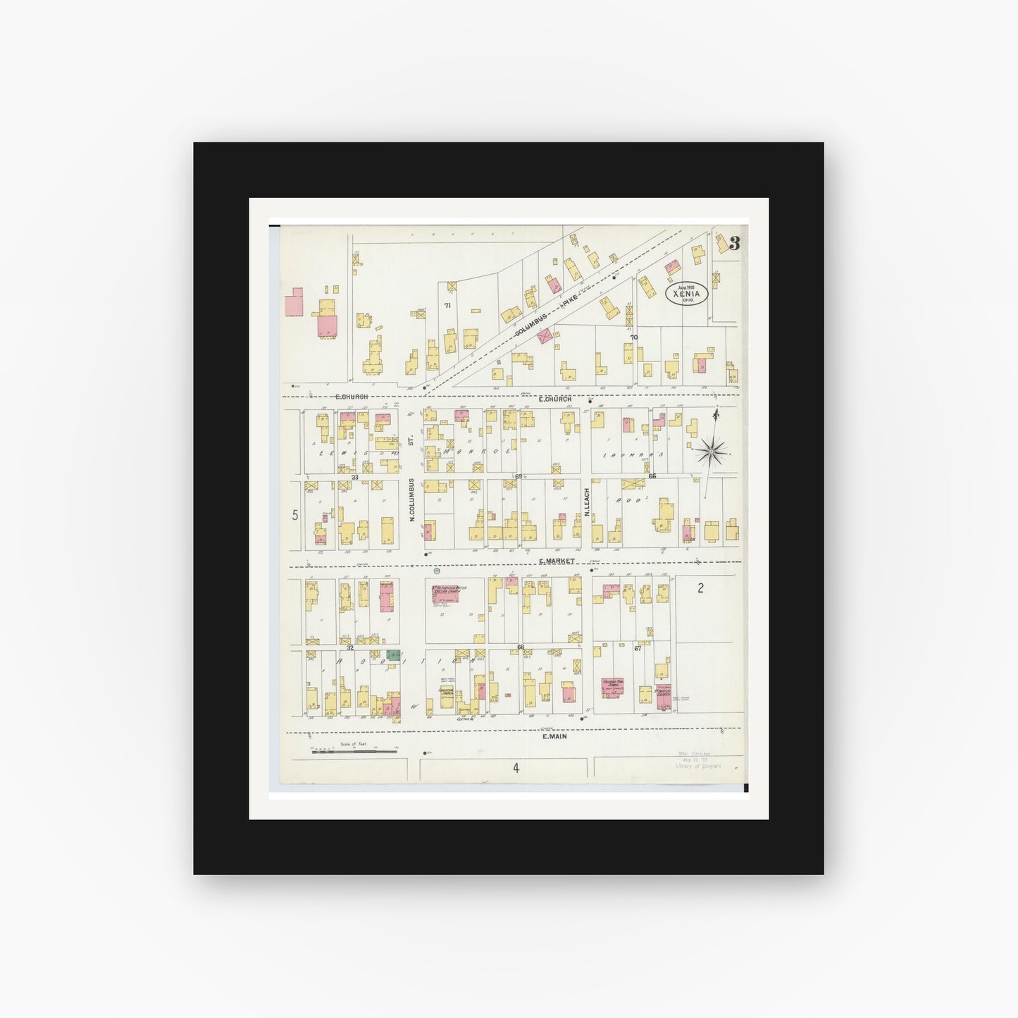 Old map wall art mockup — black gallery frame with white mat — Sanborn Fire Insurance Map from Xenia, Greene County, Ohio (1901), Sheet #0003
