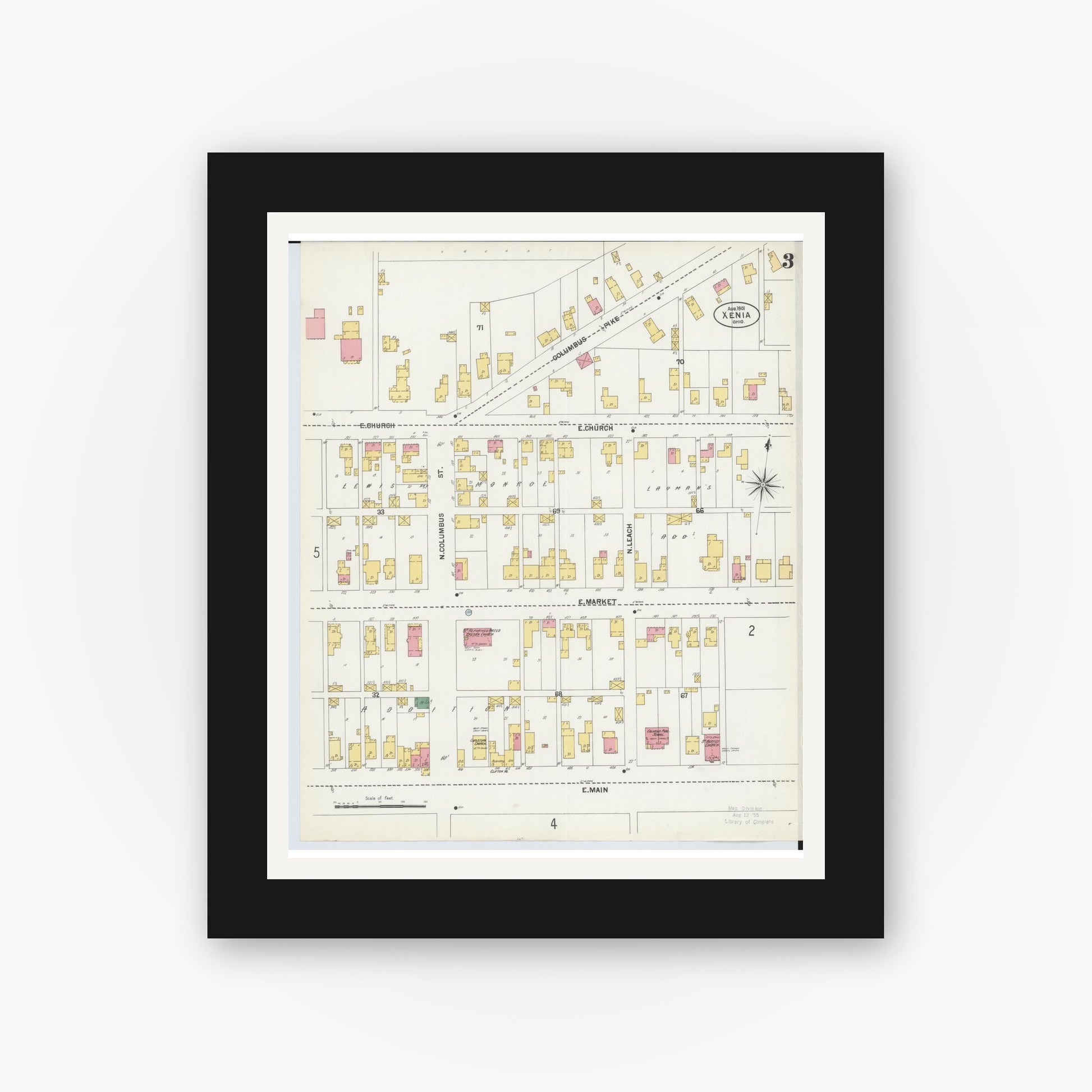 Old map wall art mockup — black gallery frame with white mat — Sanborn Fire Insurance Map from Xenia, Greene County, Ohio (1901), Sheet #0003