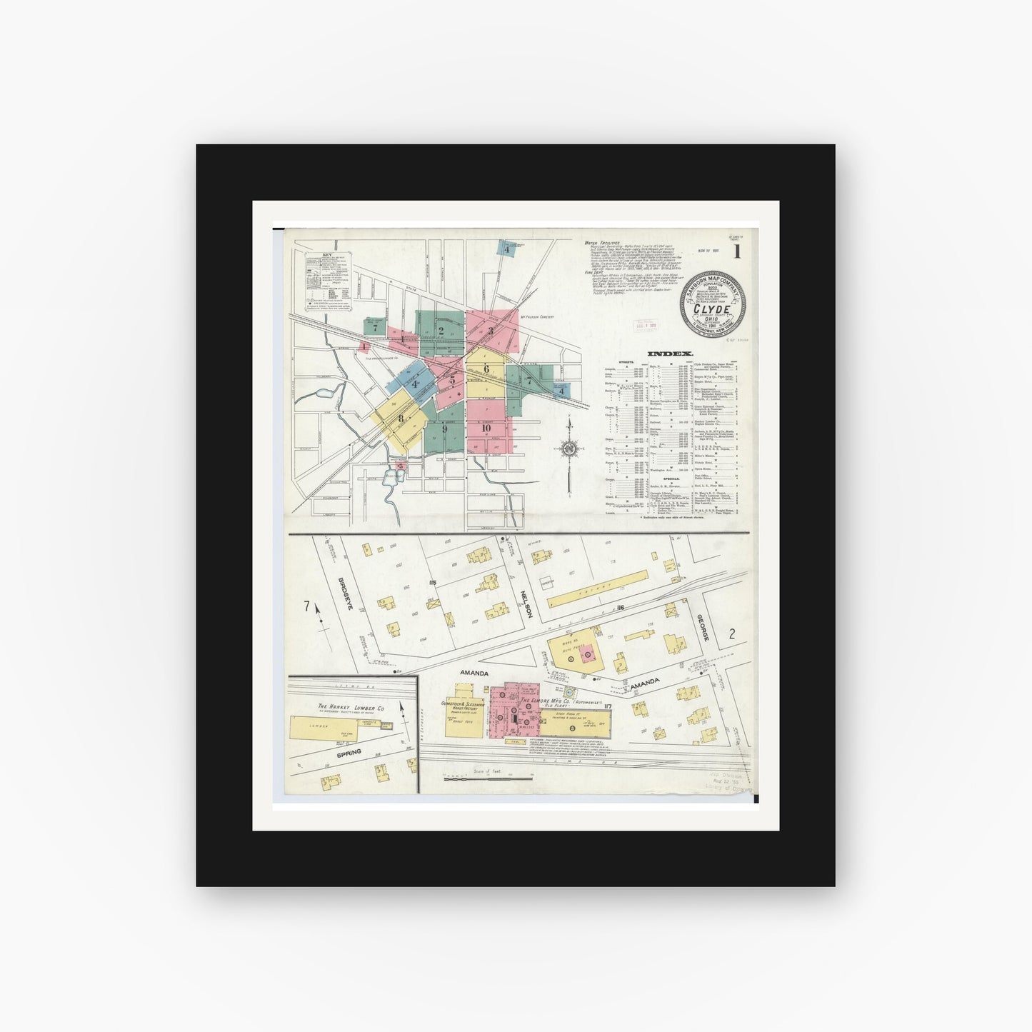 Old map wall art mockup — black gallery frame with white mat — Sanborn Fire Insurance Map from Clyde, Sandusky County, Ohio (1911), Sheet #0001
