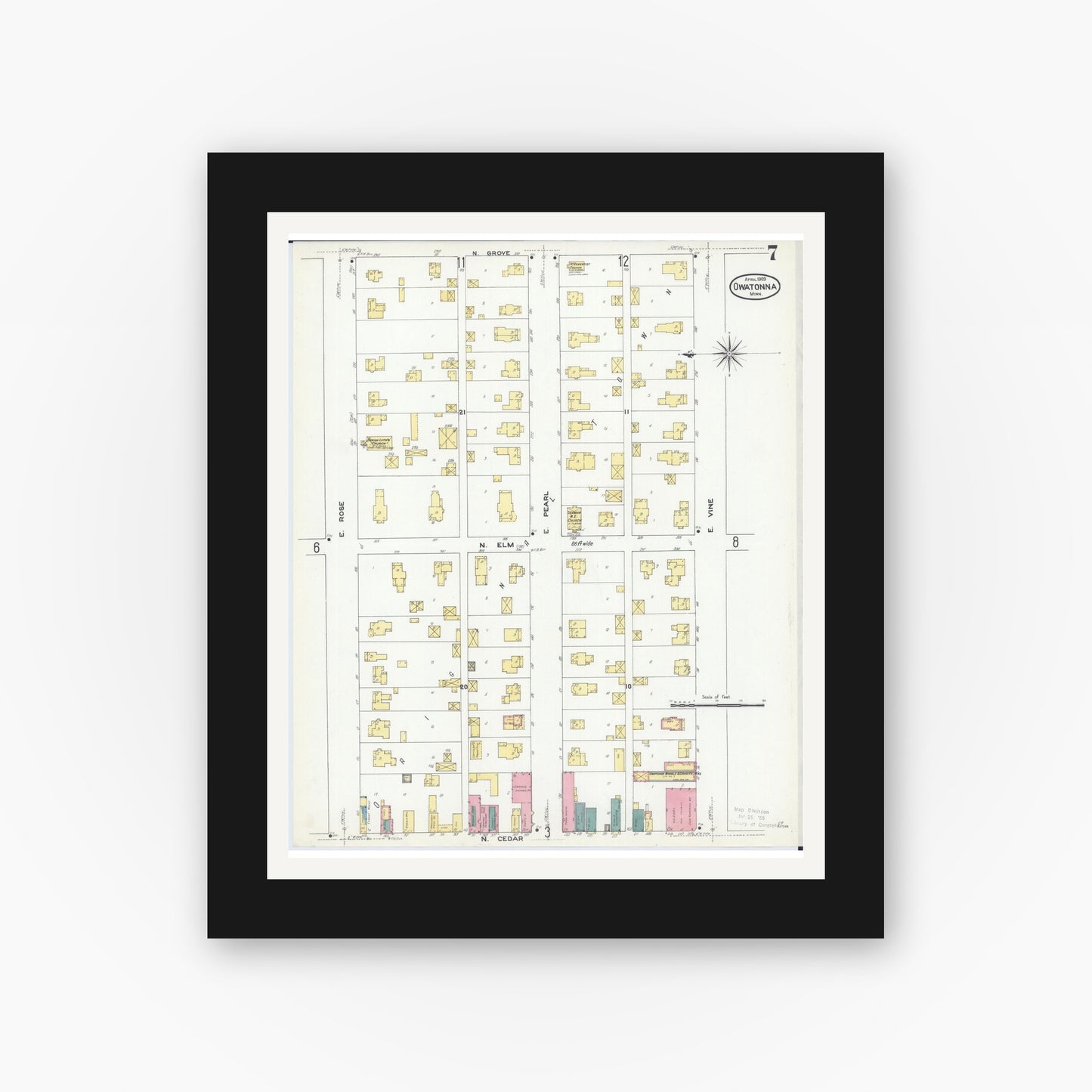 Old map wall art mockup — black gallery frame with white mat — Sanborn Fire Insurance Map from Owatonna, Steele County, Minnesota (1909), Sheet #0007