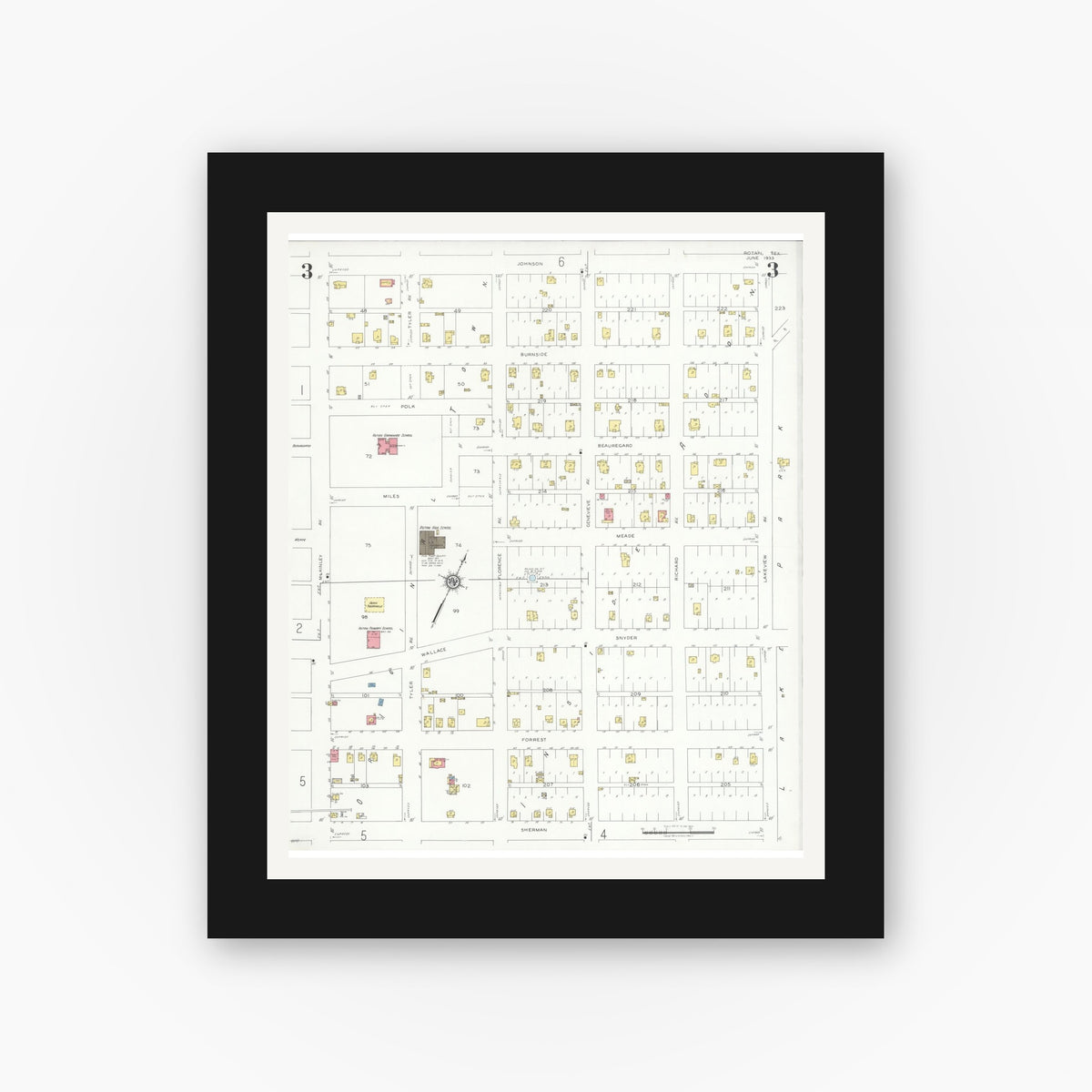 Old map wall art mockup — black gallery frame with white mat — Sanborn Fire Insurance Map from Rotan, Fisher County, Texas (1933), Sheet #0003