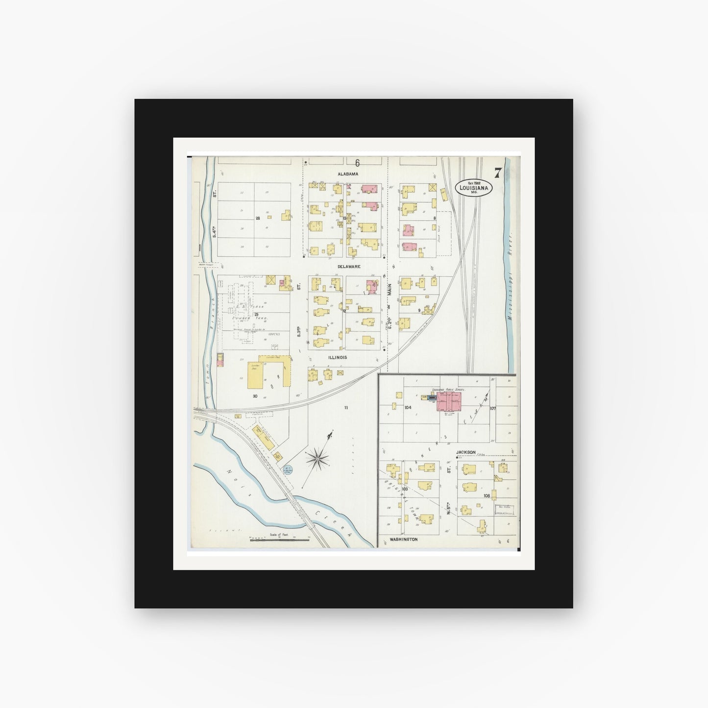 Old map wall art mockup — black gallery frame with white mat — Sanborn Fire Insurance Map from Louisiana, Pike County, Missouri (1902), Sheet #0007