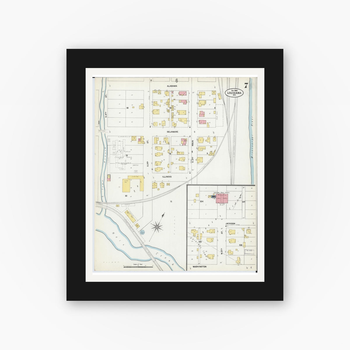 Old map wall art mockup — black gallery frame with white mat — Sanborn Fire Insurance Map from Louisiana, Pike County, Missouri (1902), Sheet #0007