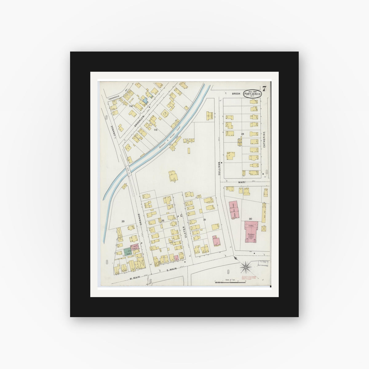 Old map wall art mockup — black gallery frame with white mat — Sanborn Fire Insurance Map from Port Jervis, Orange County, New York (1894), Sheet #0007