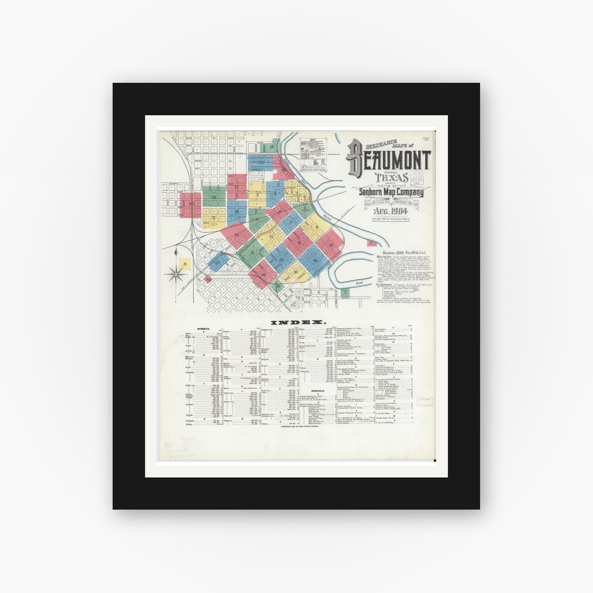 Old map wall art mockup — black gallery frame with white mat — Sanborn Fire Insurance Map from Beaumont, Jefferson County, Texas (1904) - Complete Map Set