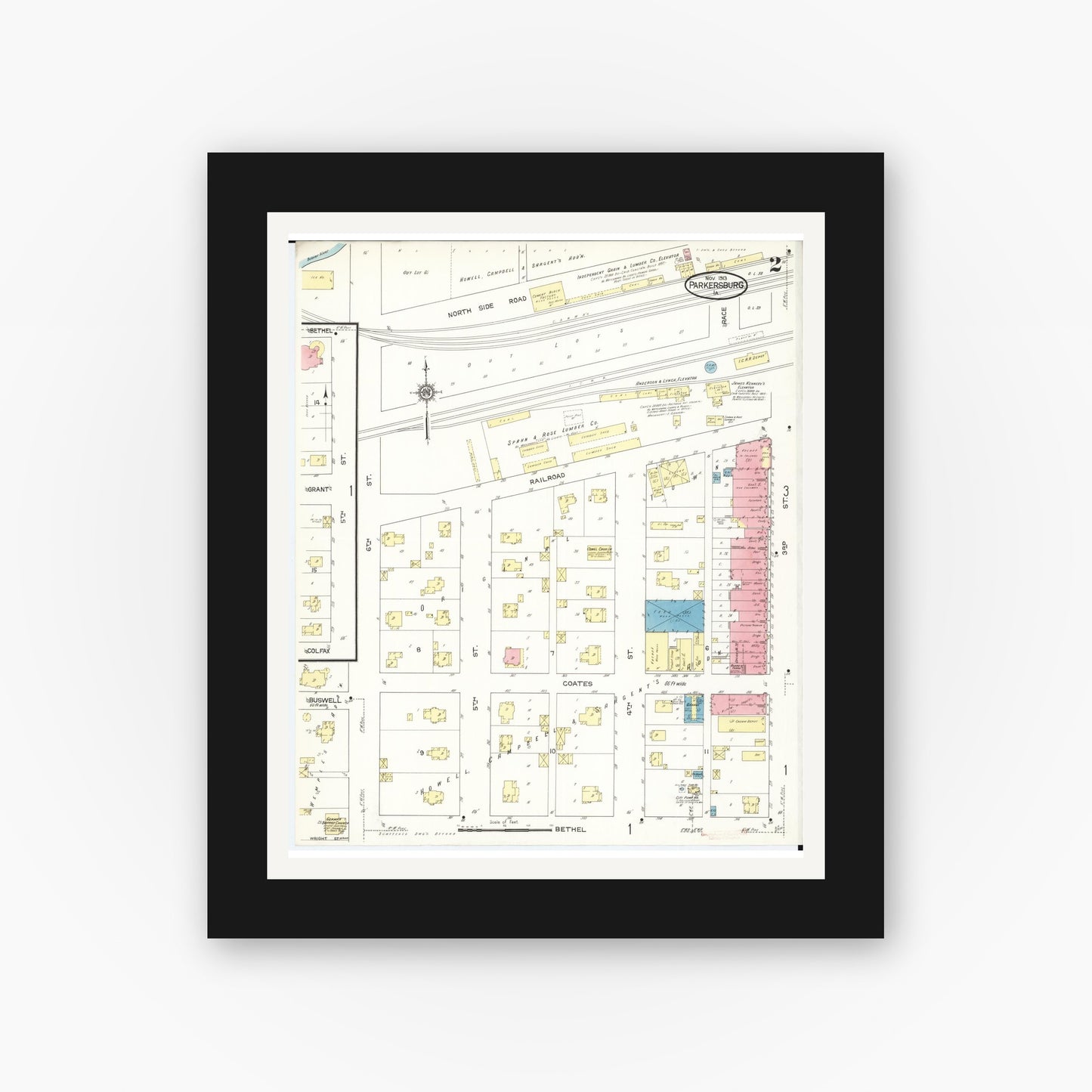 Old map wall art mockup — black gallery frame with white mat — Sanborn Fire Insurance Map from Parkersburg, Butler County, Iowa (1913), Sheet #0002