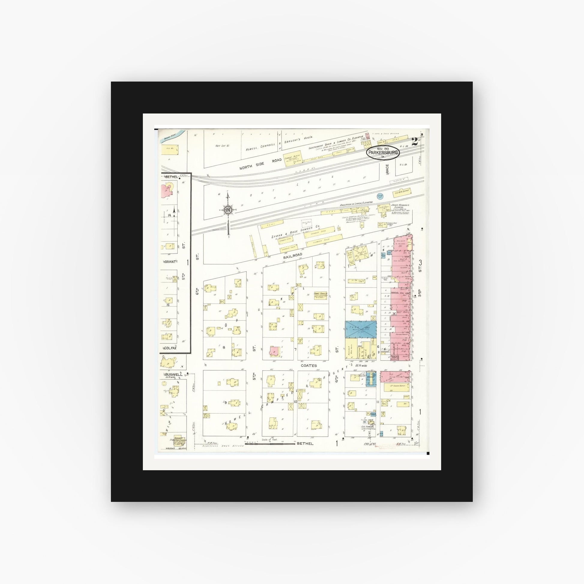 Old map wall art mockup — black gallery frame with white mat — Sanborn Fire Insurance Map from Parkersburg, Butler County, Iowa (1913), Sheet #0002