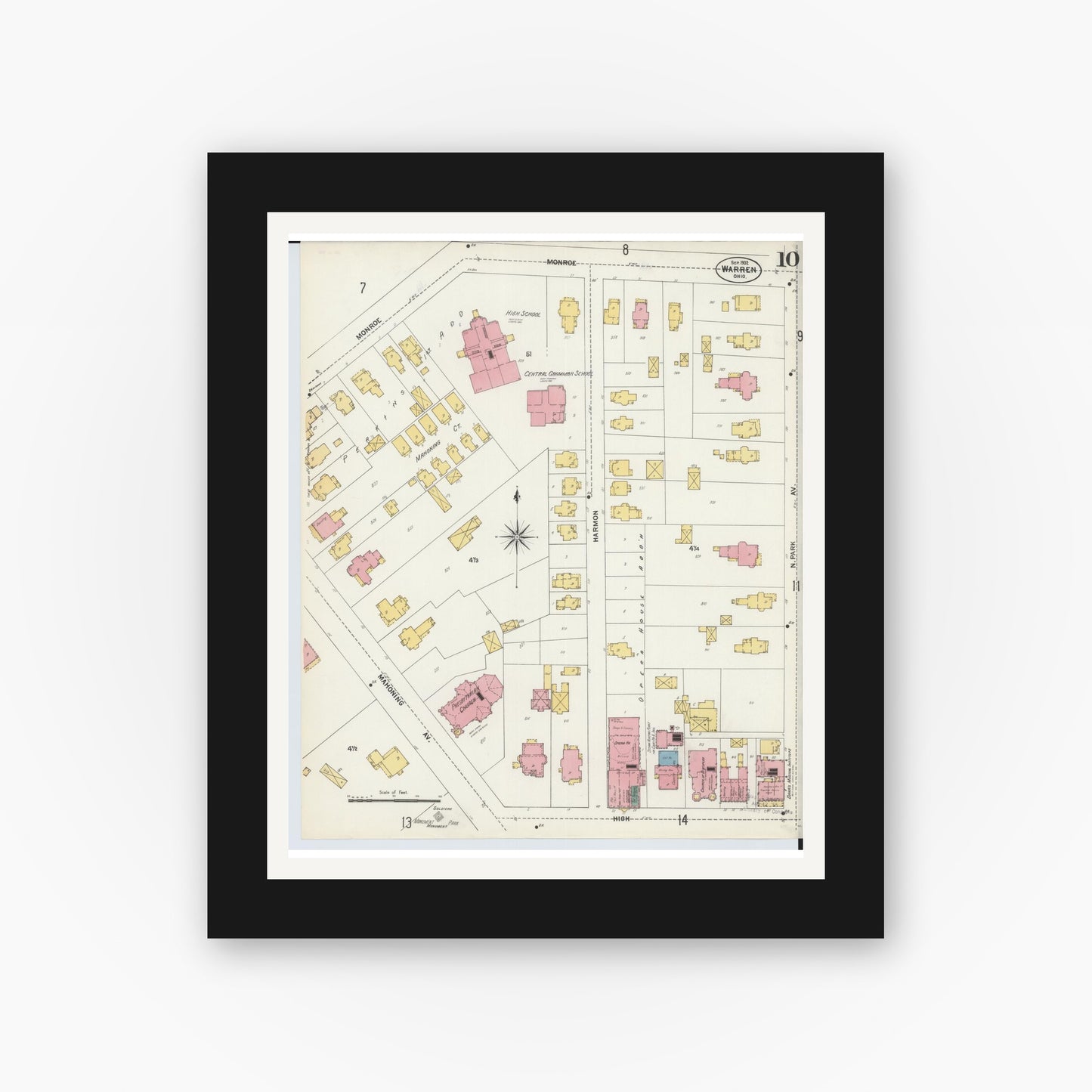 Old map wall art mockup — black gallery frame with white mat — Sanborn Fire Insurance Map from Warren, Trumbull County, Ohio (1902), Sheet #0010