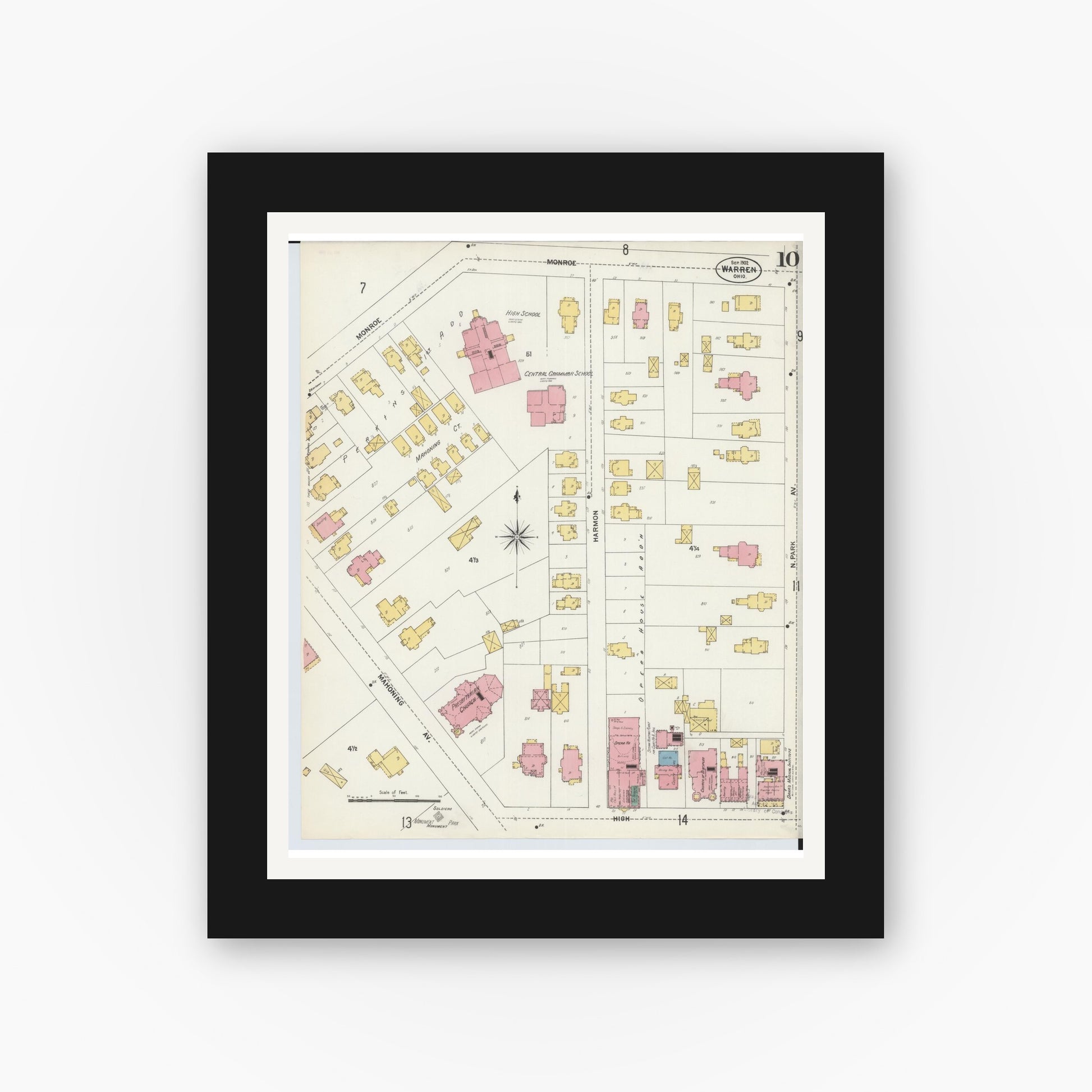 Old map wall art mockup — black gallery frame with white mat — Sanborn Fire Insurance Map from Warren, Trumbull County, Ohio (1902), Sheet #0010