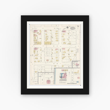 Old map wall art mockup — black gallery frame with white mat — Sanborn Fire Insurance Map from Warsaw, Hancock County, Illinois (1912), Sheet #0005