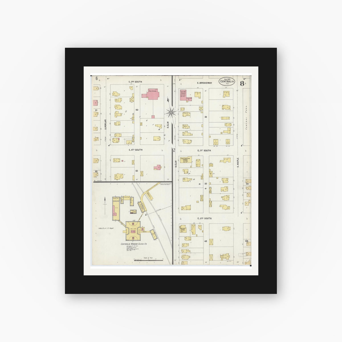 Old map wall art mockup — black gallery frame with white mat — Sanborn Fire Insurance Map from Centralia, Marion, Clinton, Jefferson, and Washington Counties, Illinois (1902), Sheet #0008