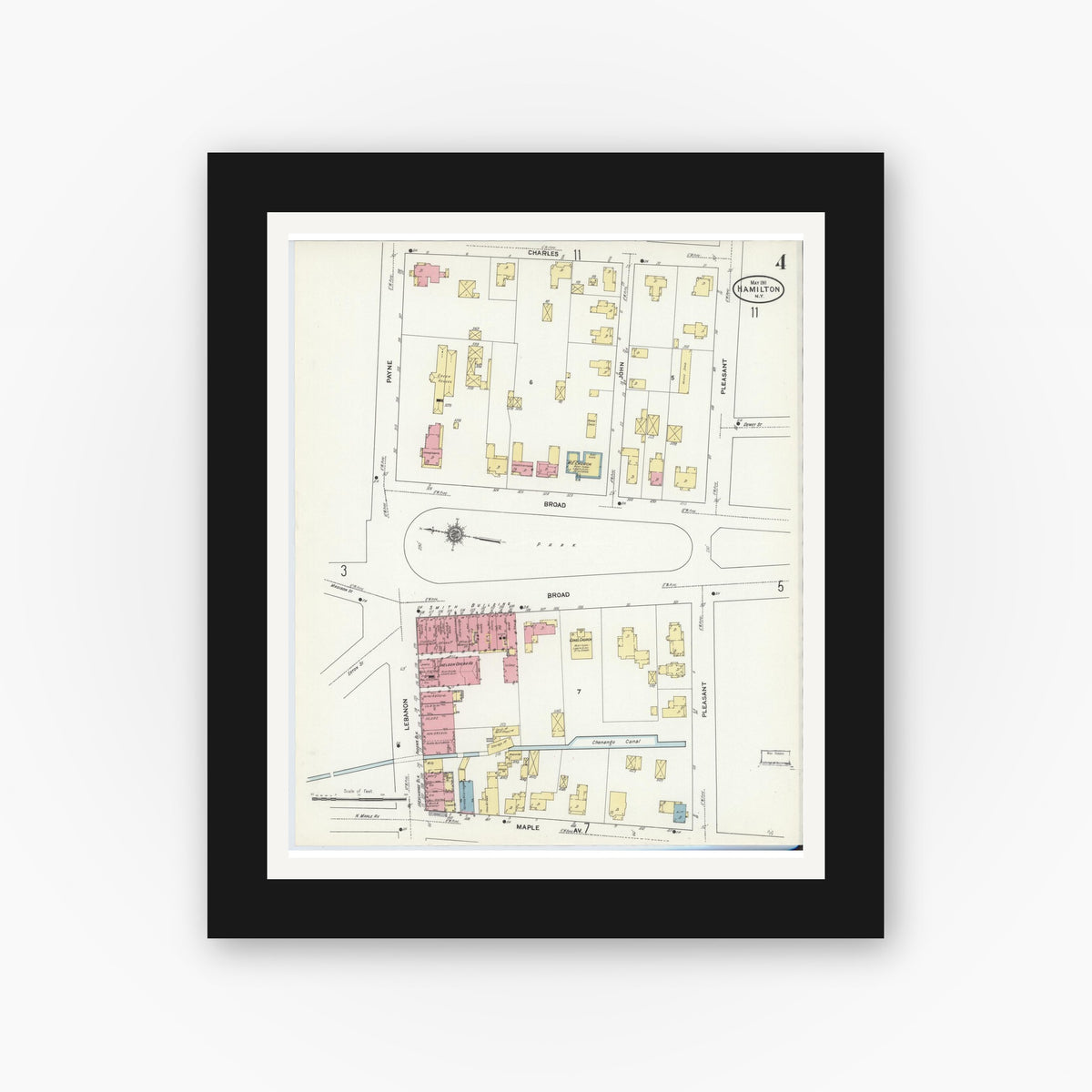 Old map wall art mockup — black gallery frame with white mat — Sanborn Fire Insurance Map from Hamilton, Madison County, New York (1911), Sheet #0004