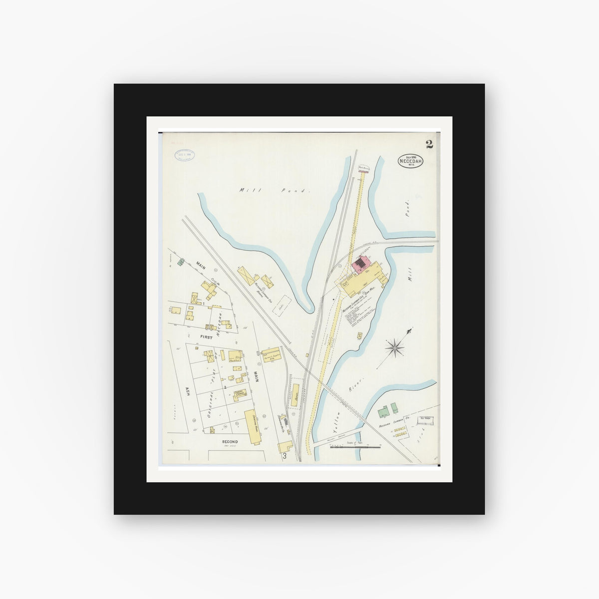 Old map wall art mockup — black gallery frame with white mat — Sanborn Fire Insurance Map from Necedah, Juneau County, Wisconsin (1898), Sheet #0002