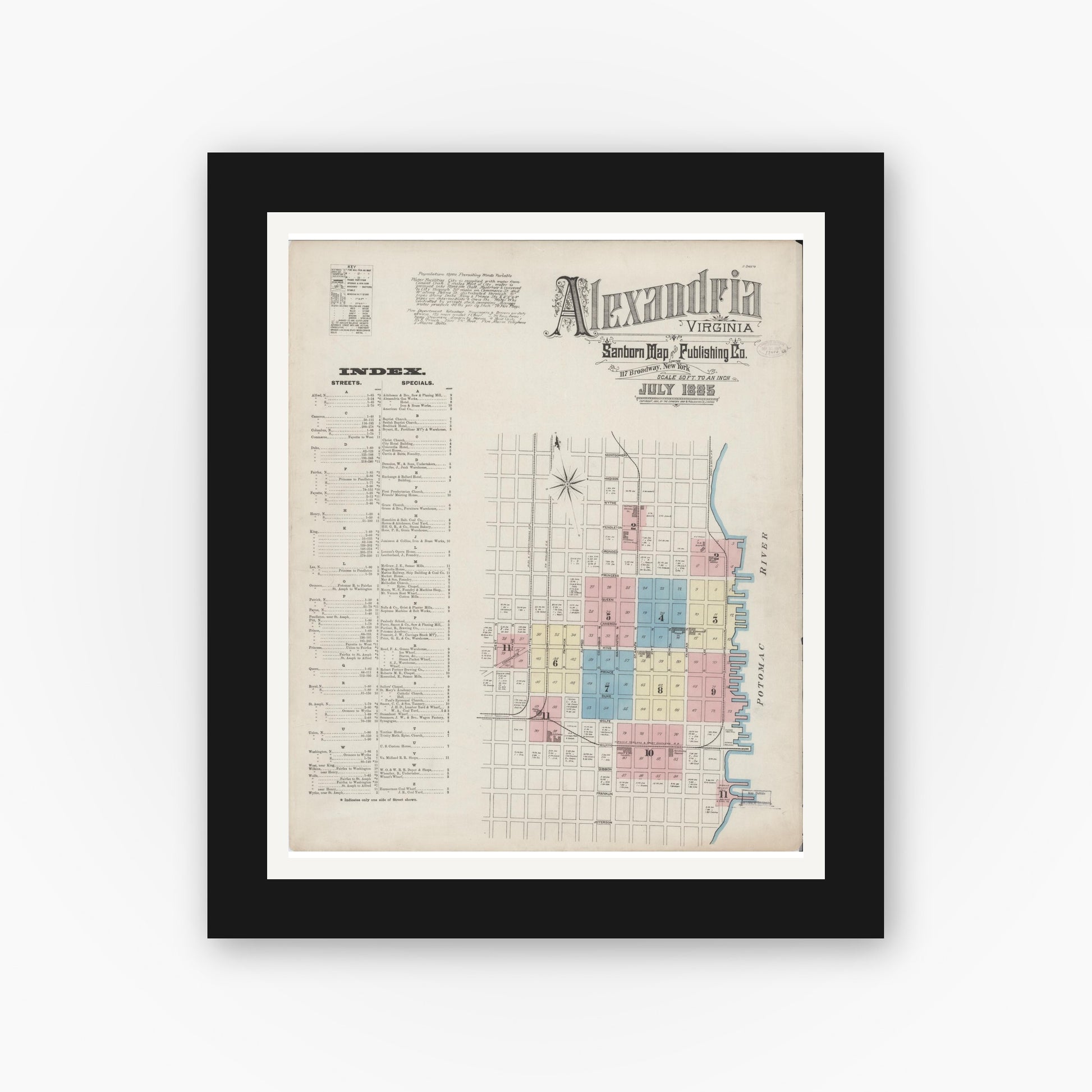 Old map wall art mockup — black gallery frame with white mat — Sanborn Fire Insurance Map from Alexandria, Independent Cities, Virginia (1885) - Complete Map Set